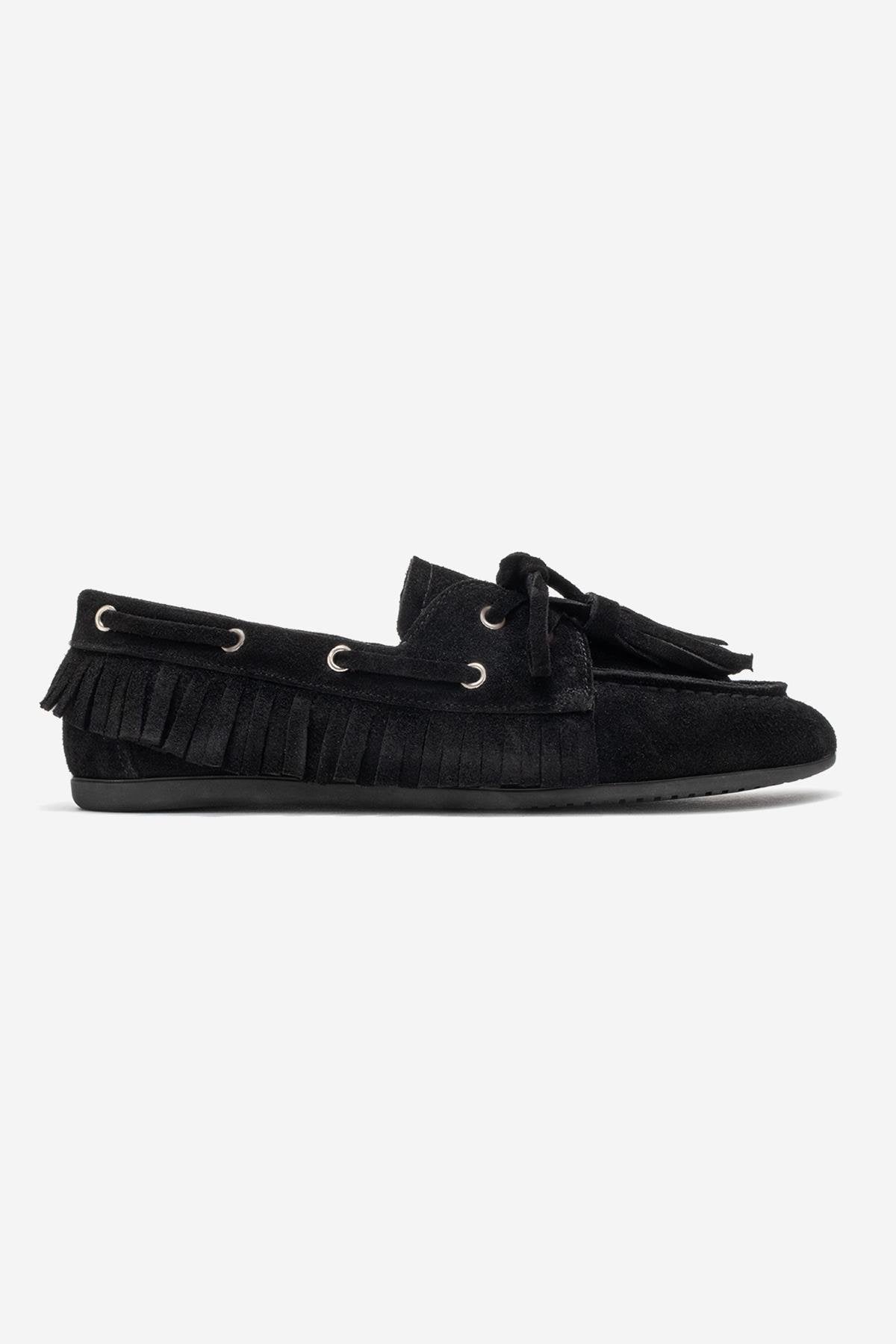 Fenora - Black Genuine Leather Fringed Tassel Loafer (Women)