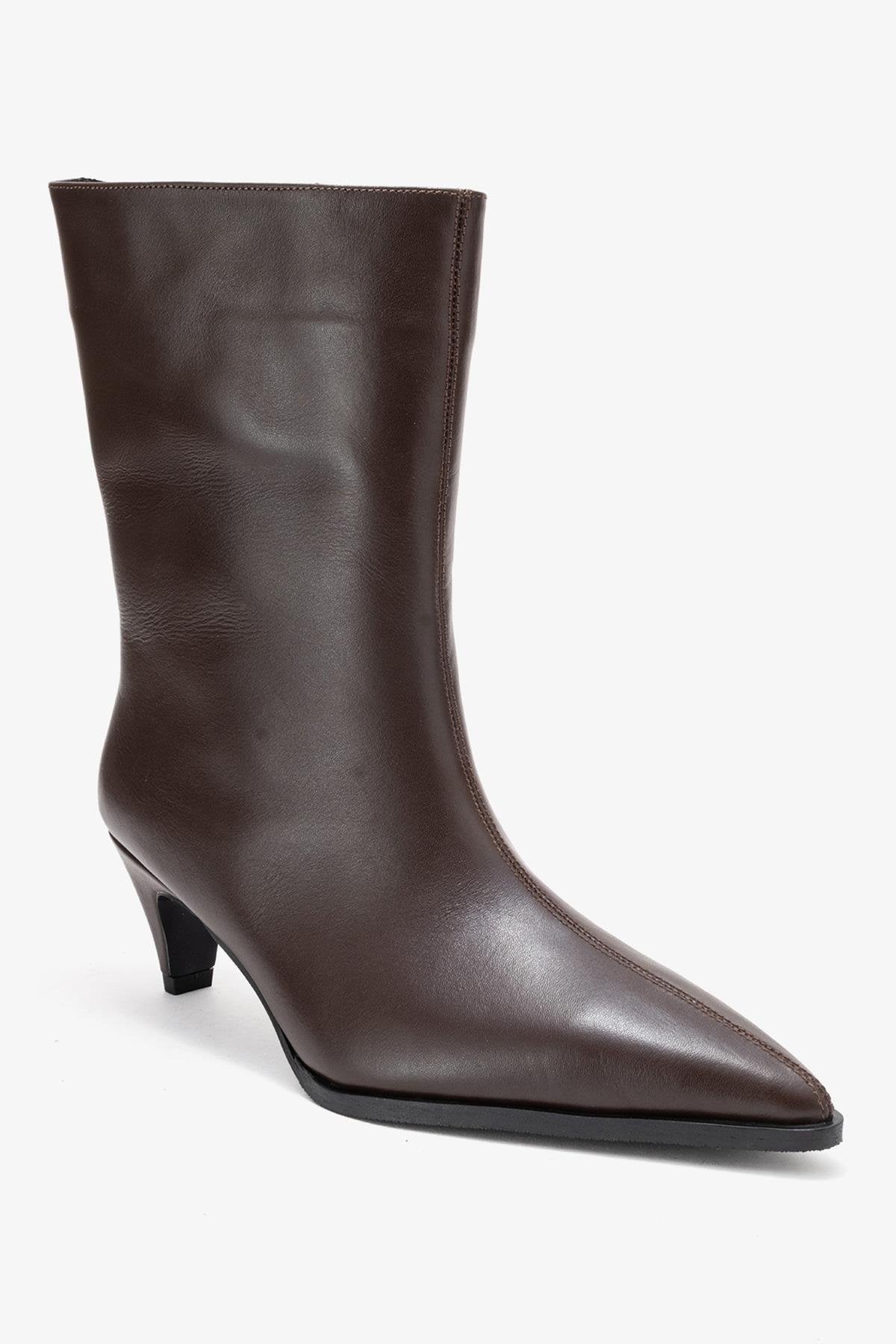 Aleo - Brown Genuine Leather Pointed Toe Low Heel Boot (Women)