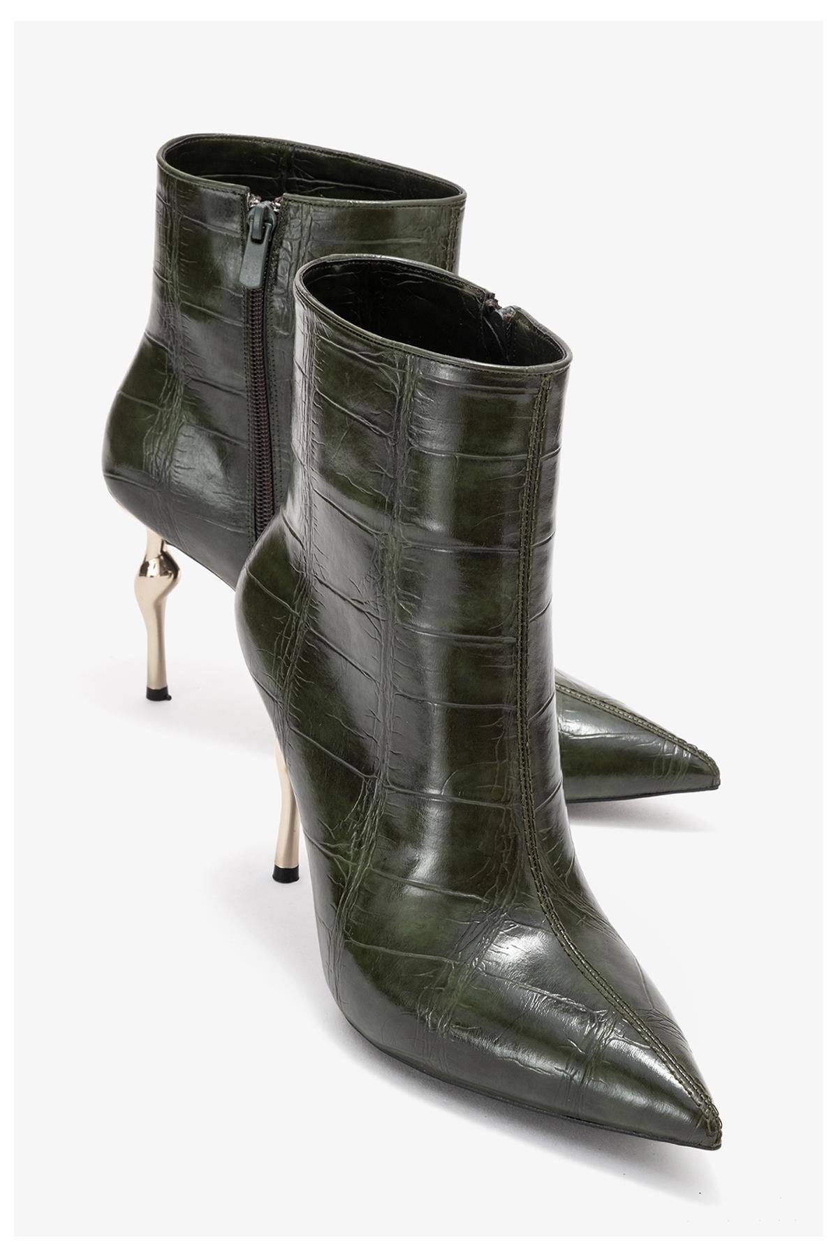 Crista - Green Croc-Embossed Pointed Toe Heeled Boot (Women)