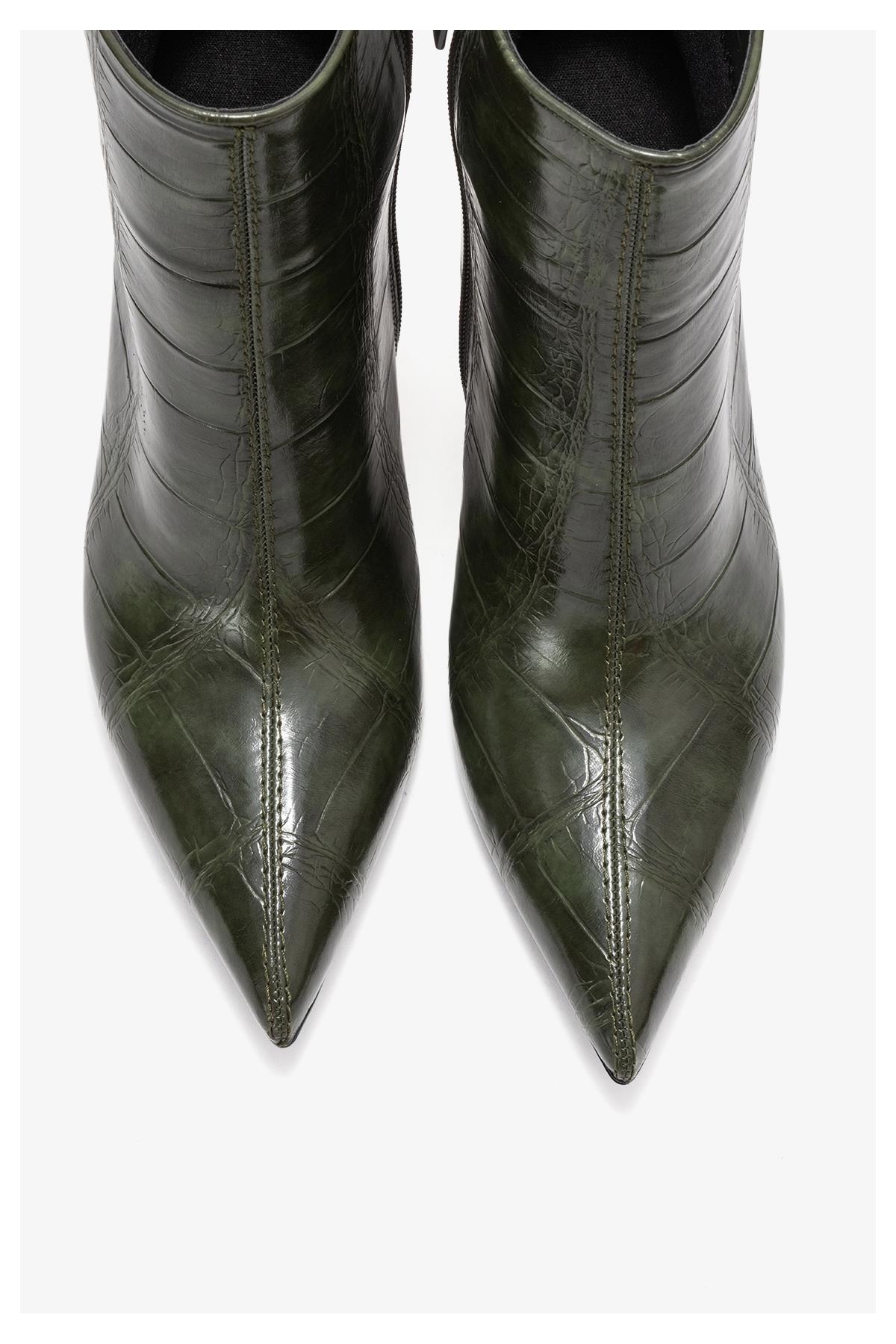 Crista - Green Croc-Embossed Pointed Toe Heeled Boot (Women)