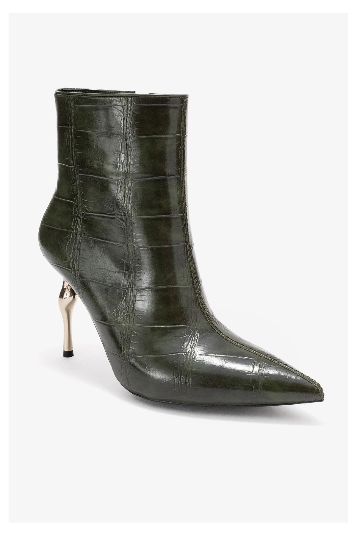 Crista - Green Croc-Embossed Pointed Toe Heeled Boot (Women)