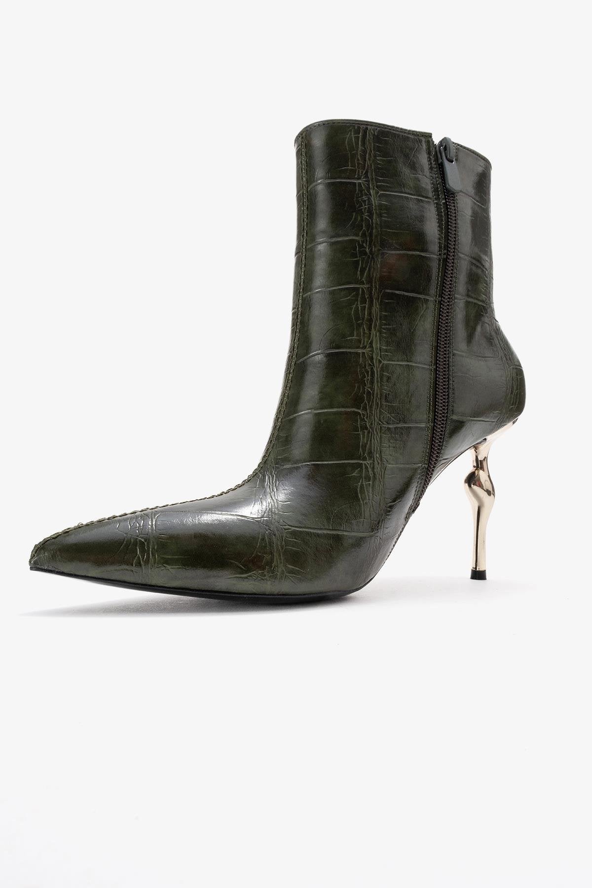 Crista - Green Croc-Embossed Pointed Toe Heeled Boot (Women)