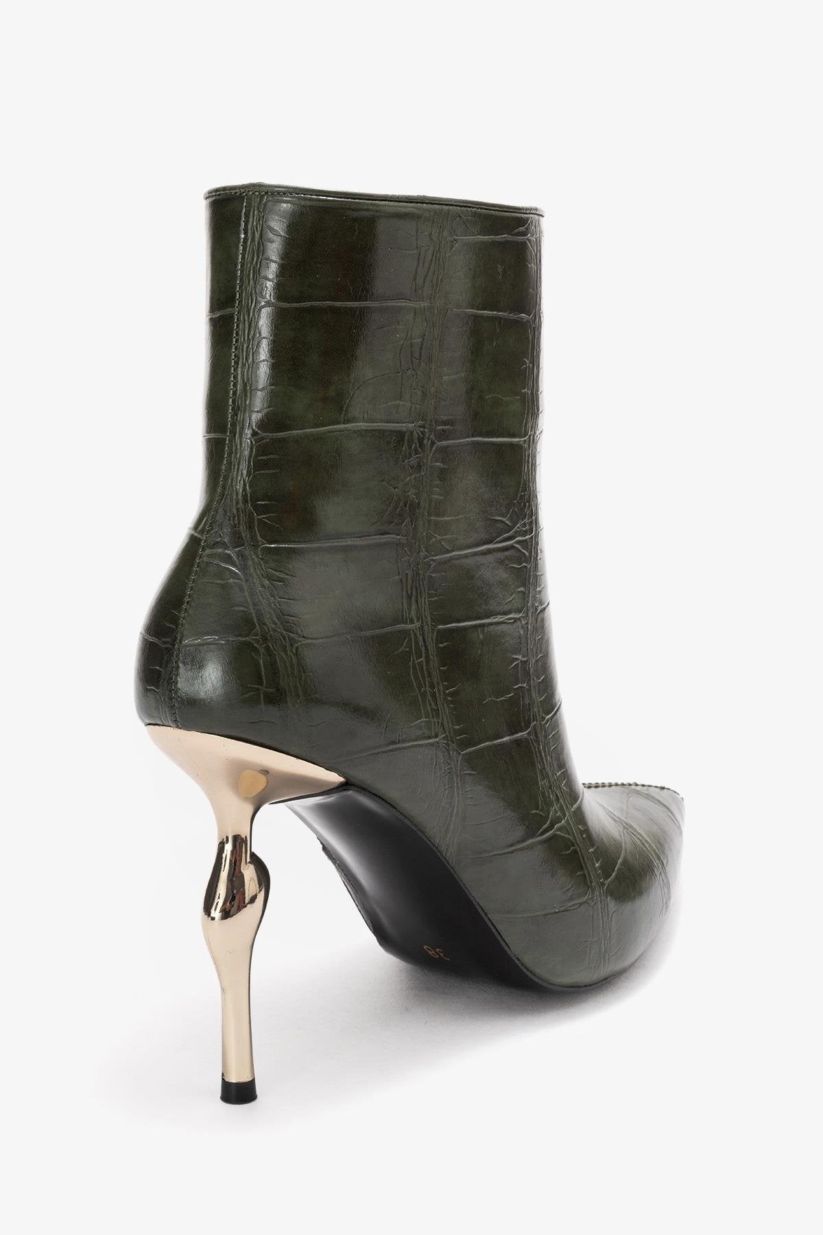 Crista - Green Croc-Embossed Pointed Toe Heeled Boot (Women)
