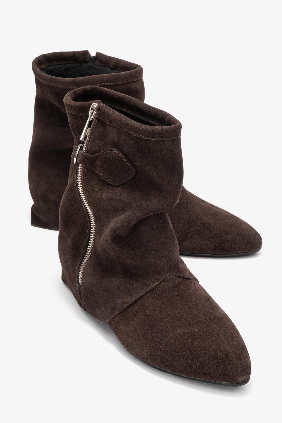 Noar - Brown Suede Genuine Leather Ruched Zip Boot (Women)