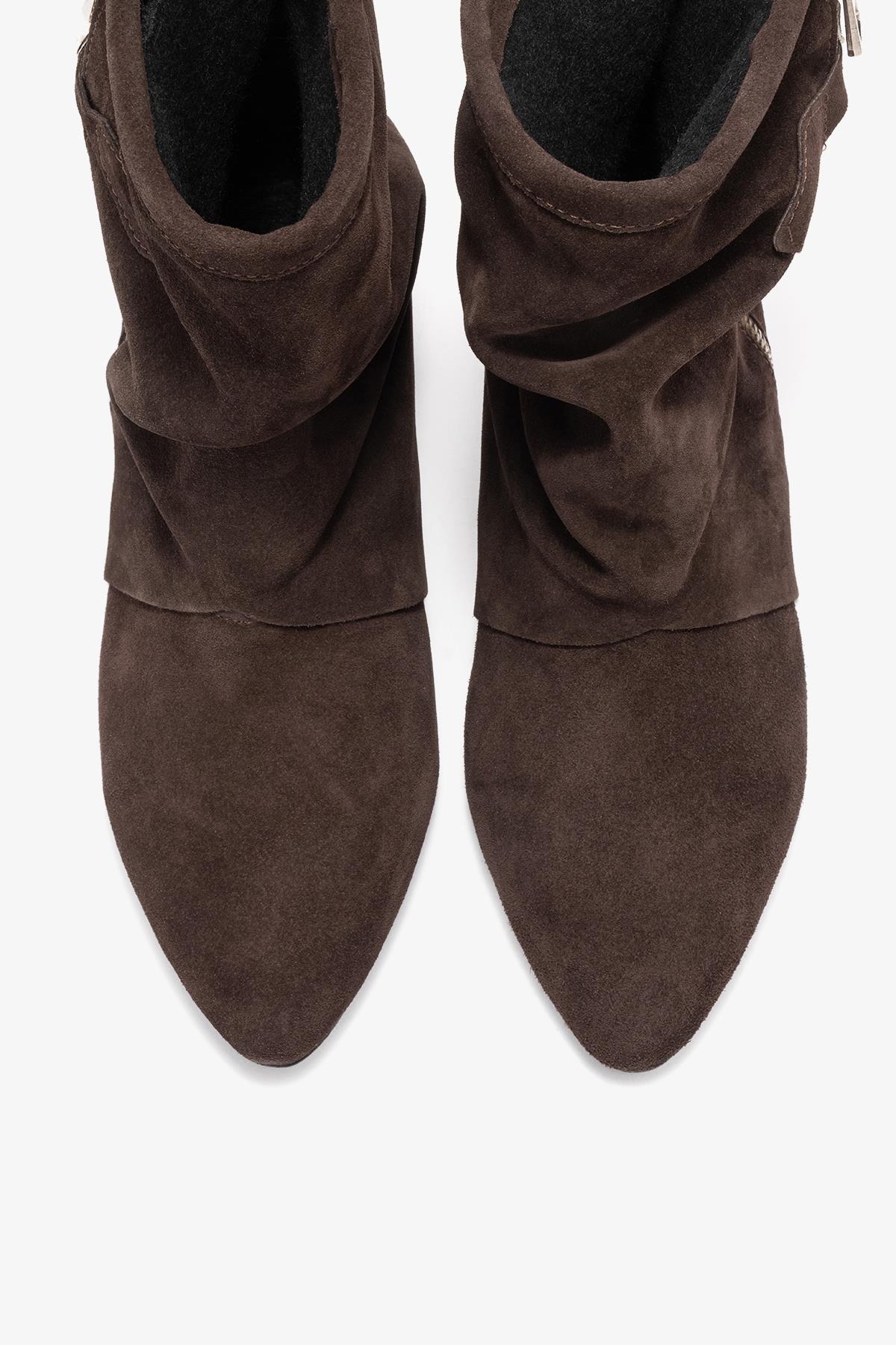 Noar - Brown Suede Genuine Leather Ruched Zip Boot (Women)