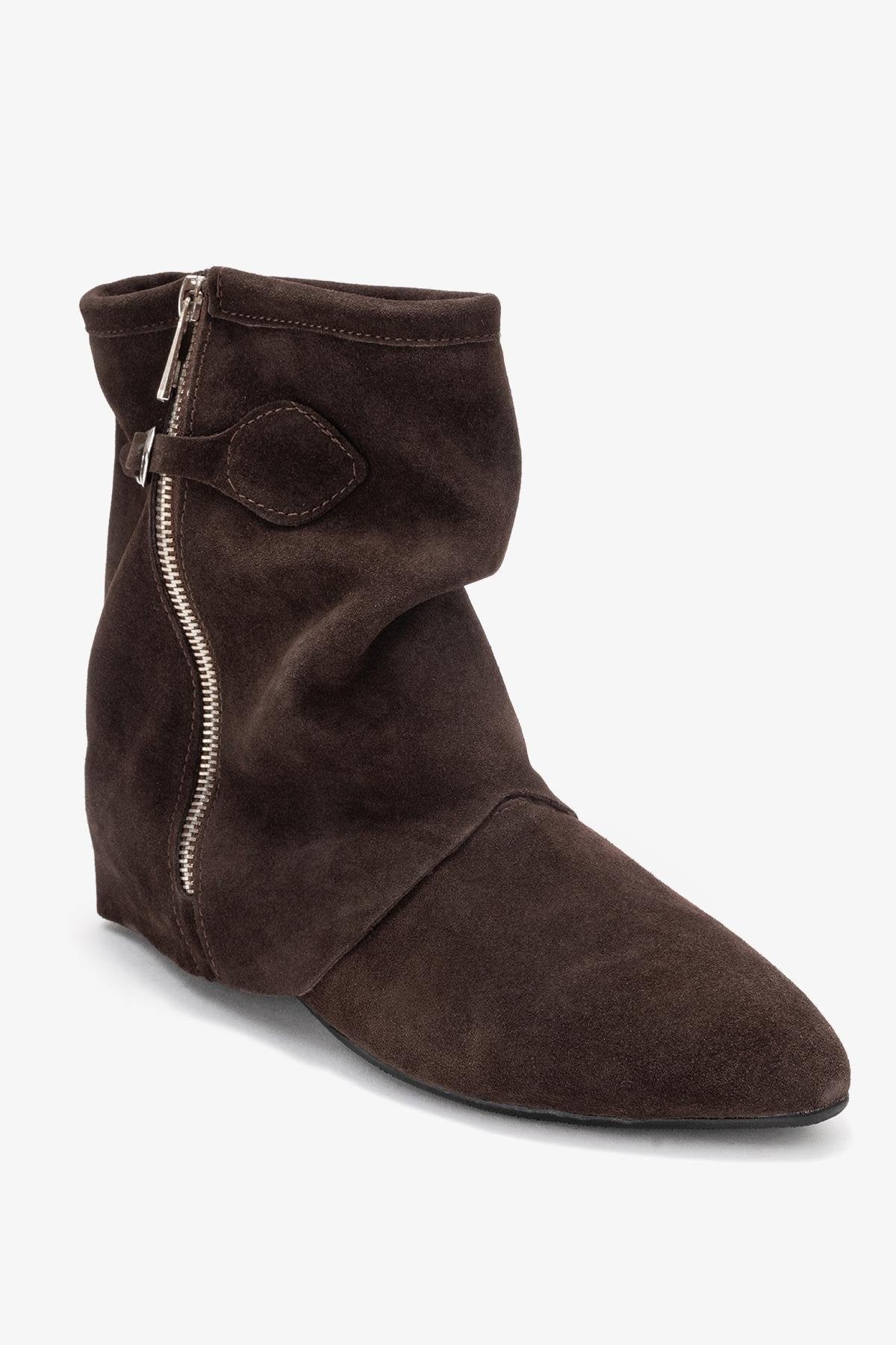 Noar - Brown Suede Genuine Leather Ruched Zip Boot (Women)