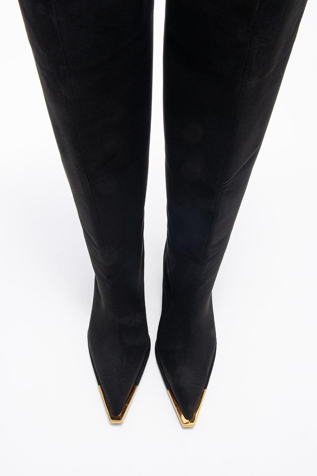 Lexa - Black Gold-Trimmed Pointed Toe Stiletto Knee-High Boot (Women)