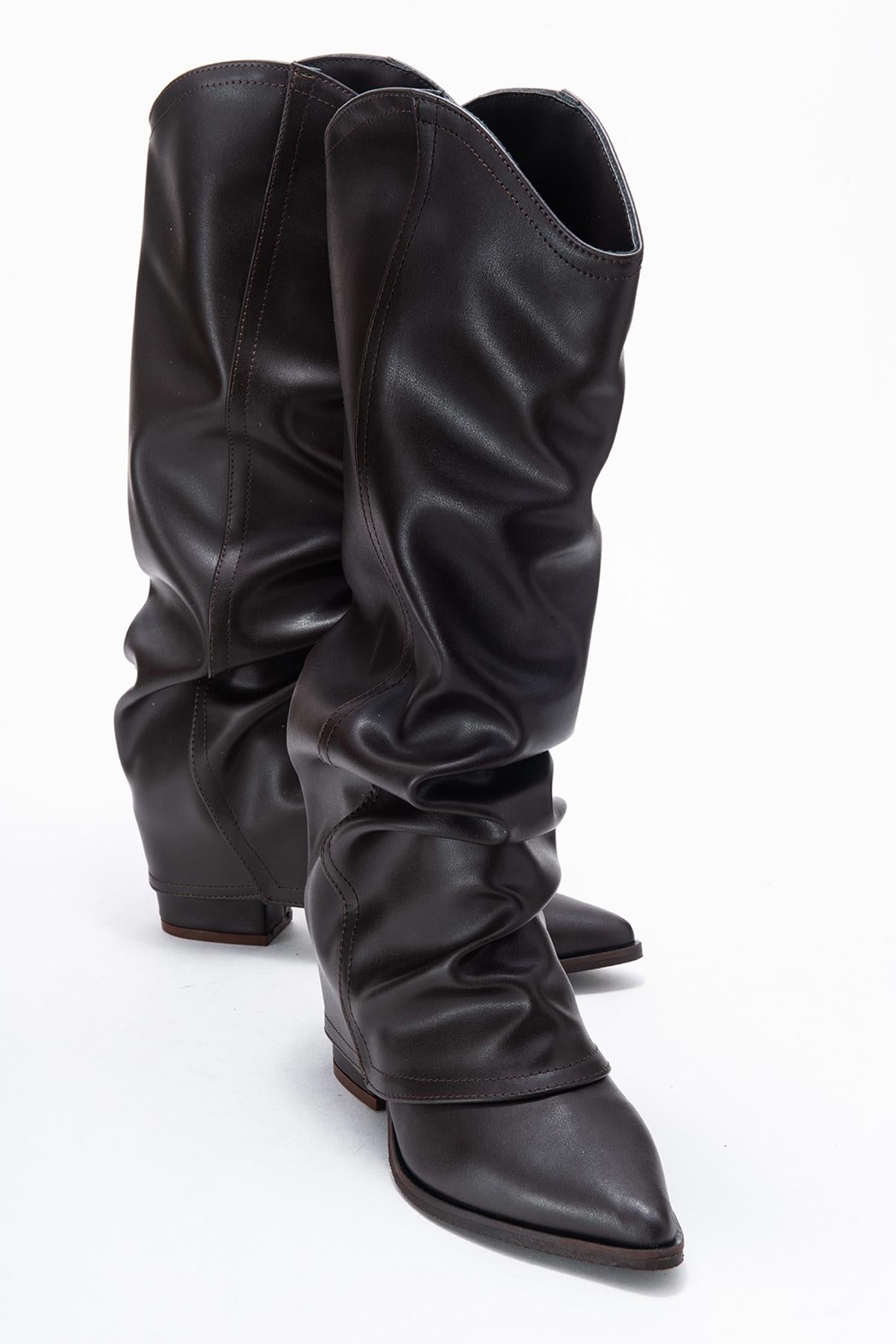 Elaris - Brown Gusseted Block Heel Knee-High Boot (Women)
