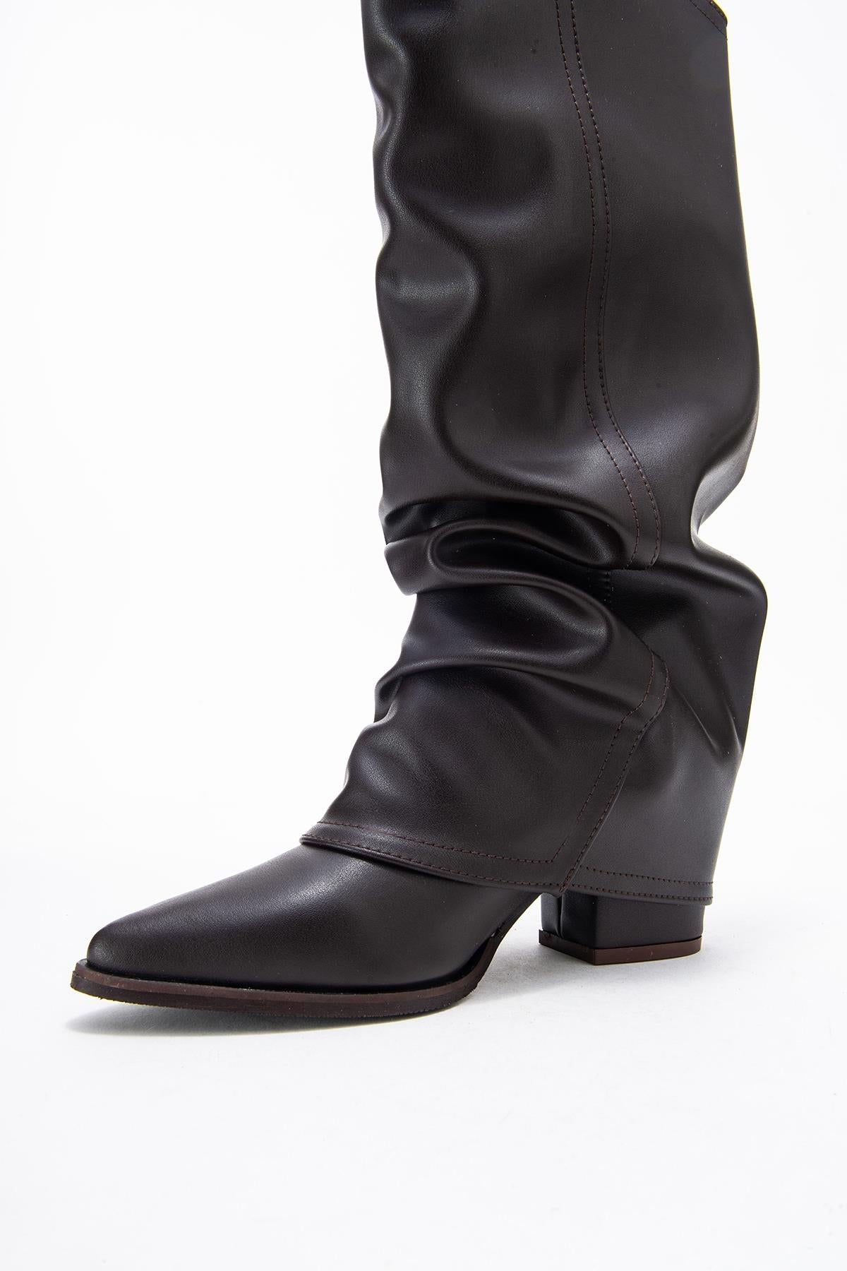 Elaris - Brown Gusseted Block Heel Knee-High Boot (Women)