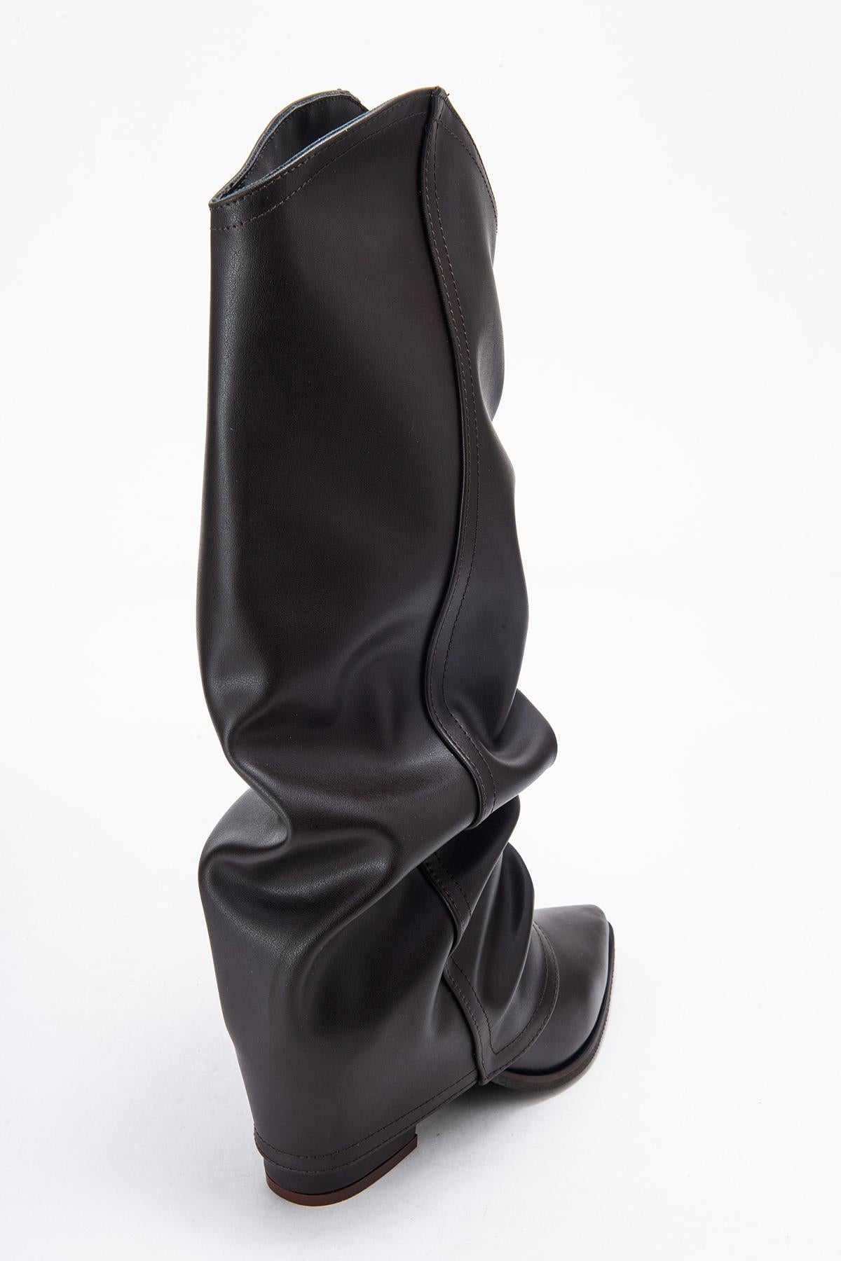 Elaris - Brown Gusseted Block Heel Knee-High Boot (Women)