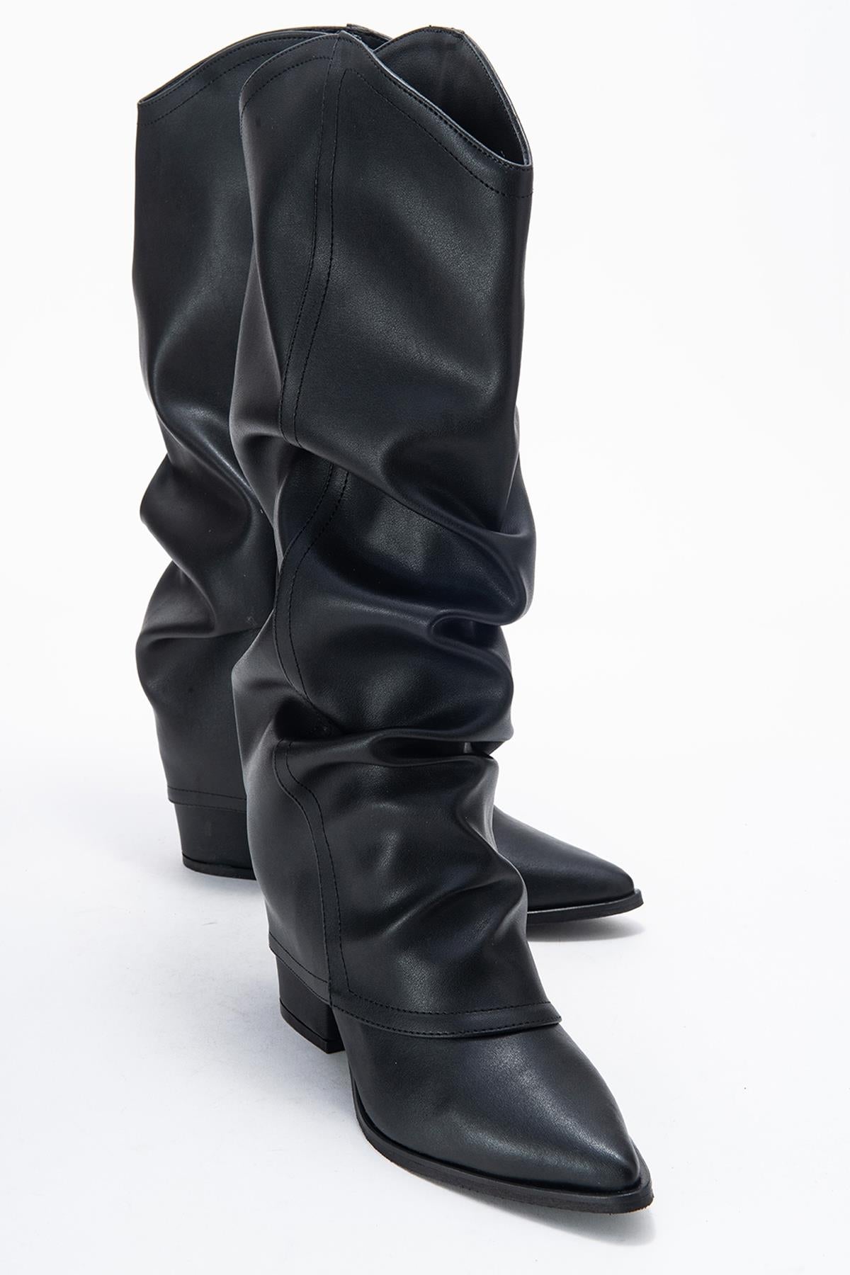 Elaris - Black Gusseted Block Heel Knee-High Boot (Women)