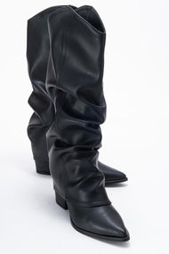 Elaris - Black Gusseted Block Heel Knee-High Boot (Women)