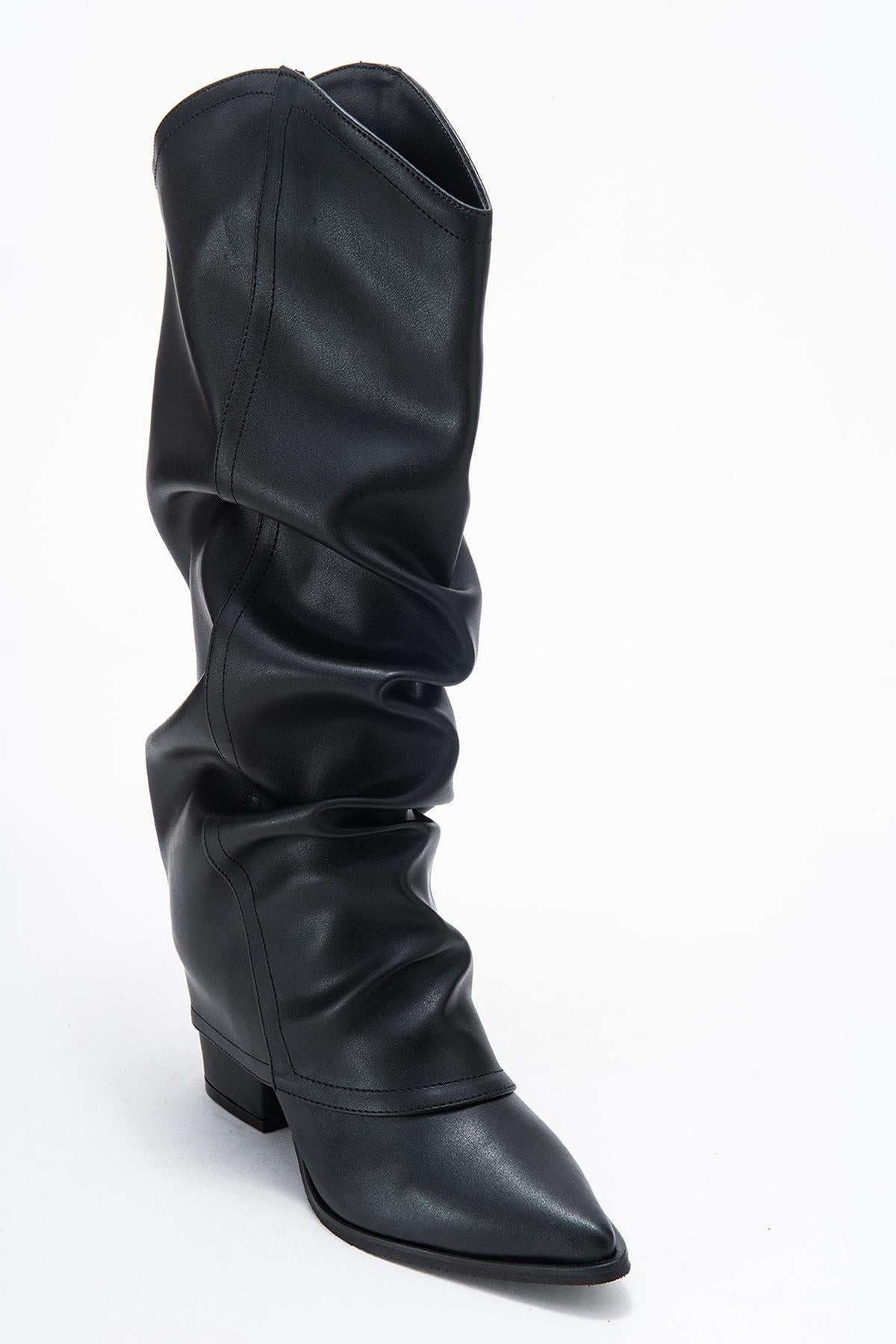 Elaris - Black Gusseted Block Heel Knee-High Boot (Women)