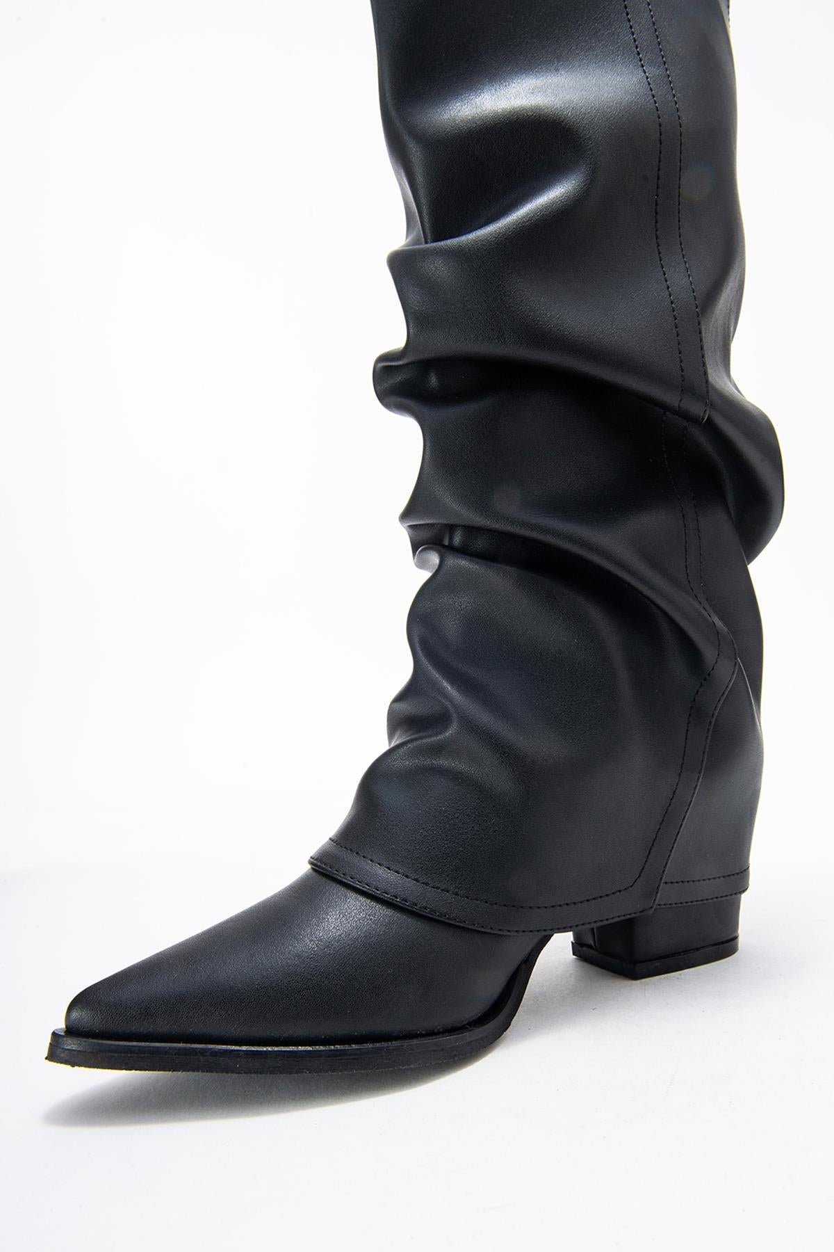 Elaris - Black Gusseted Block Heel Knee-High Boot (Women)