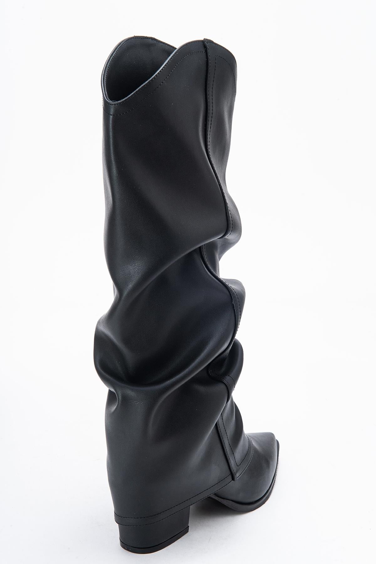 Elaris - Black Gusseted Block Heel Knee-High Boot (Women)