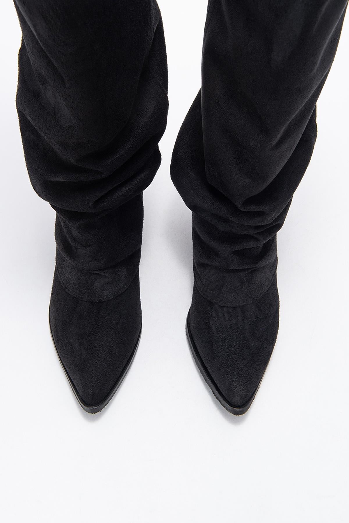 Elaris - Black Gusseted Block Heel Knee-High Boot (Women)