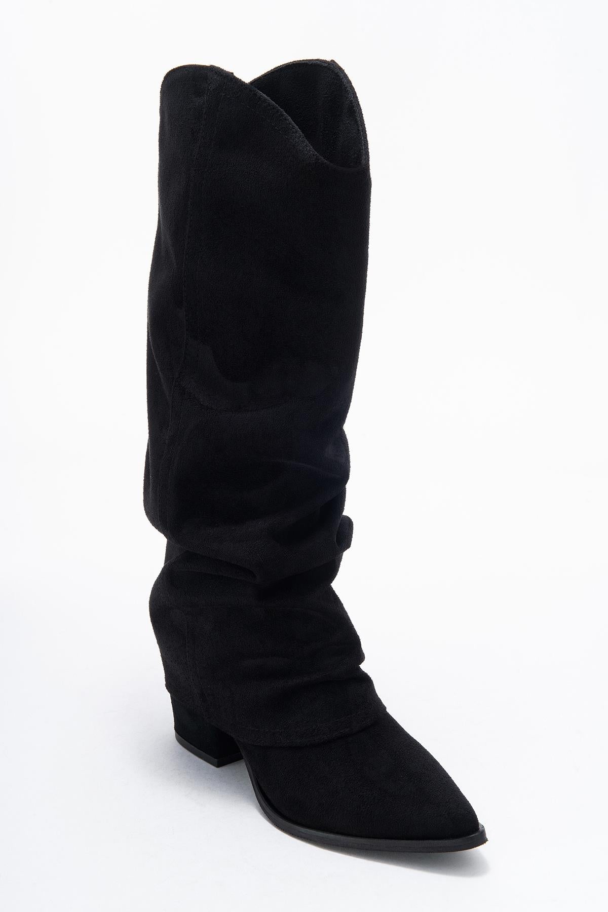 Elaris - Black Gusseted Block Heel Knee-High Boot (Women)