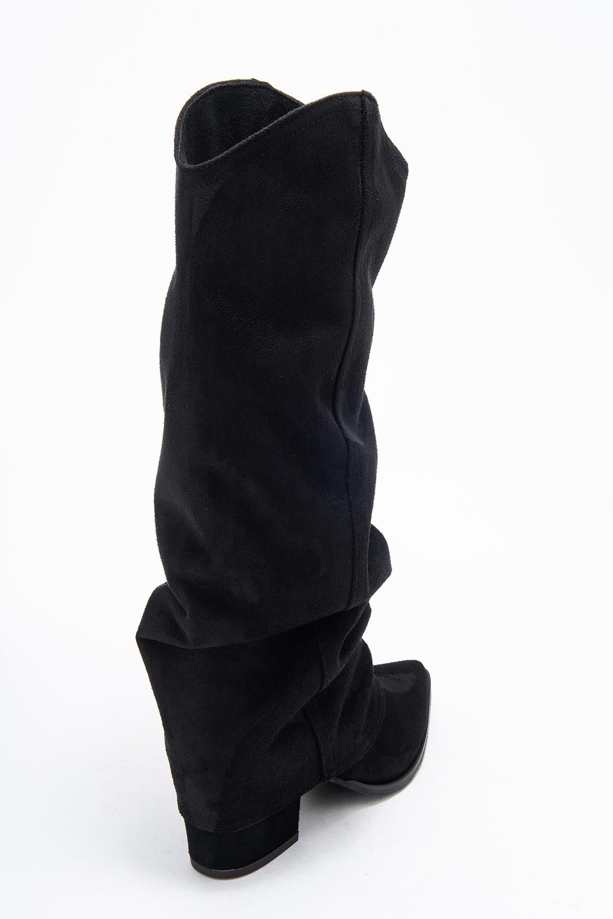 Elaris - Black Gusseted Block Heel Knee-High Boot (Women)