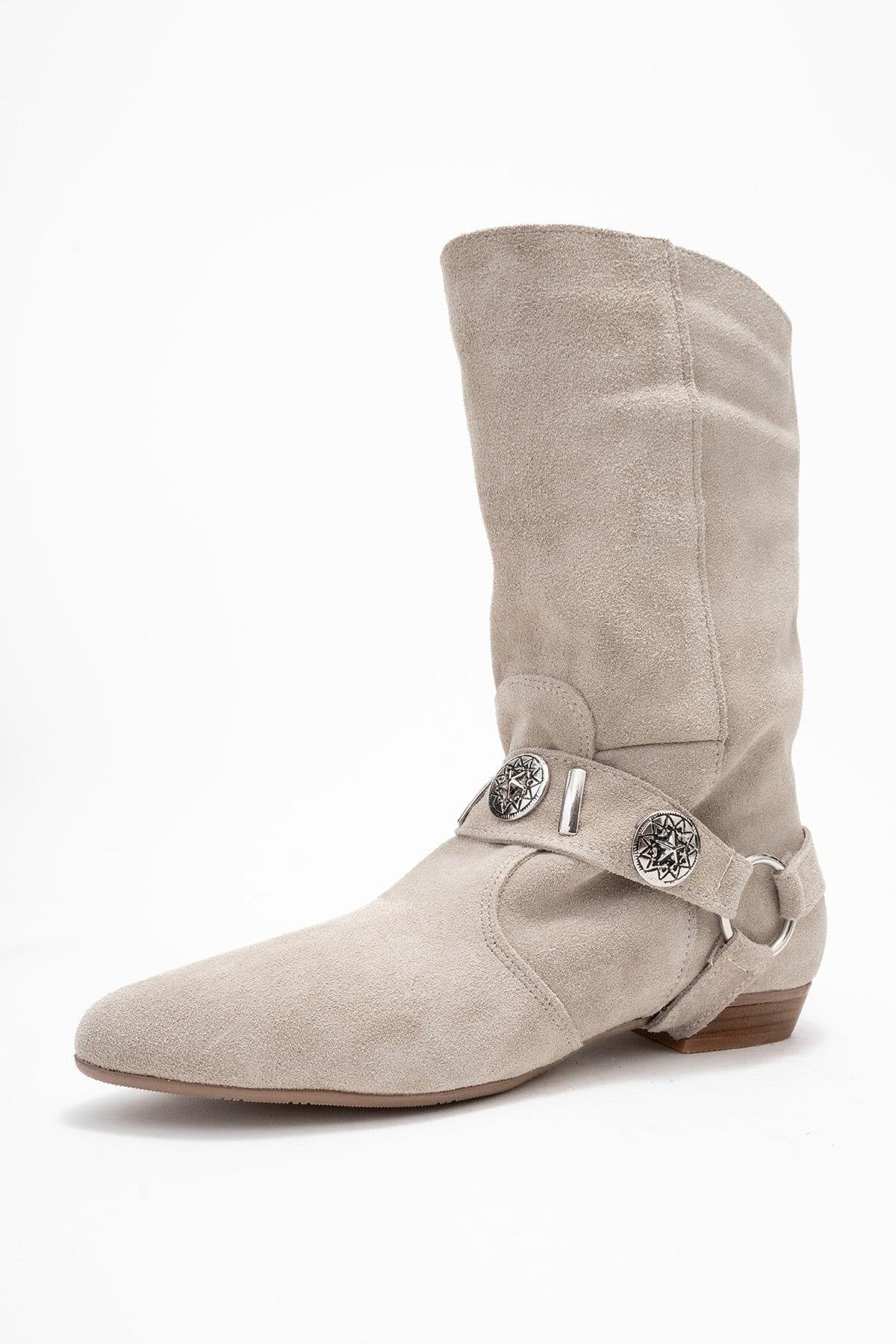 Selora - Beige Suede Genuine Leather Western Boot (Women)