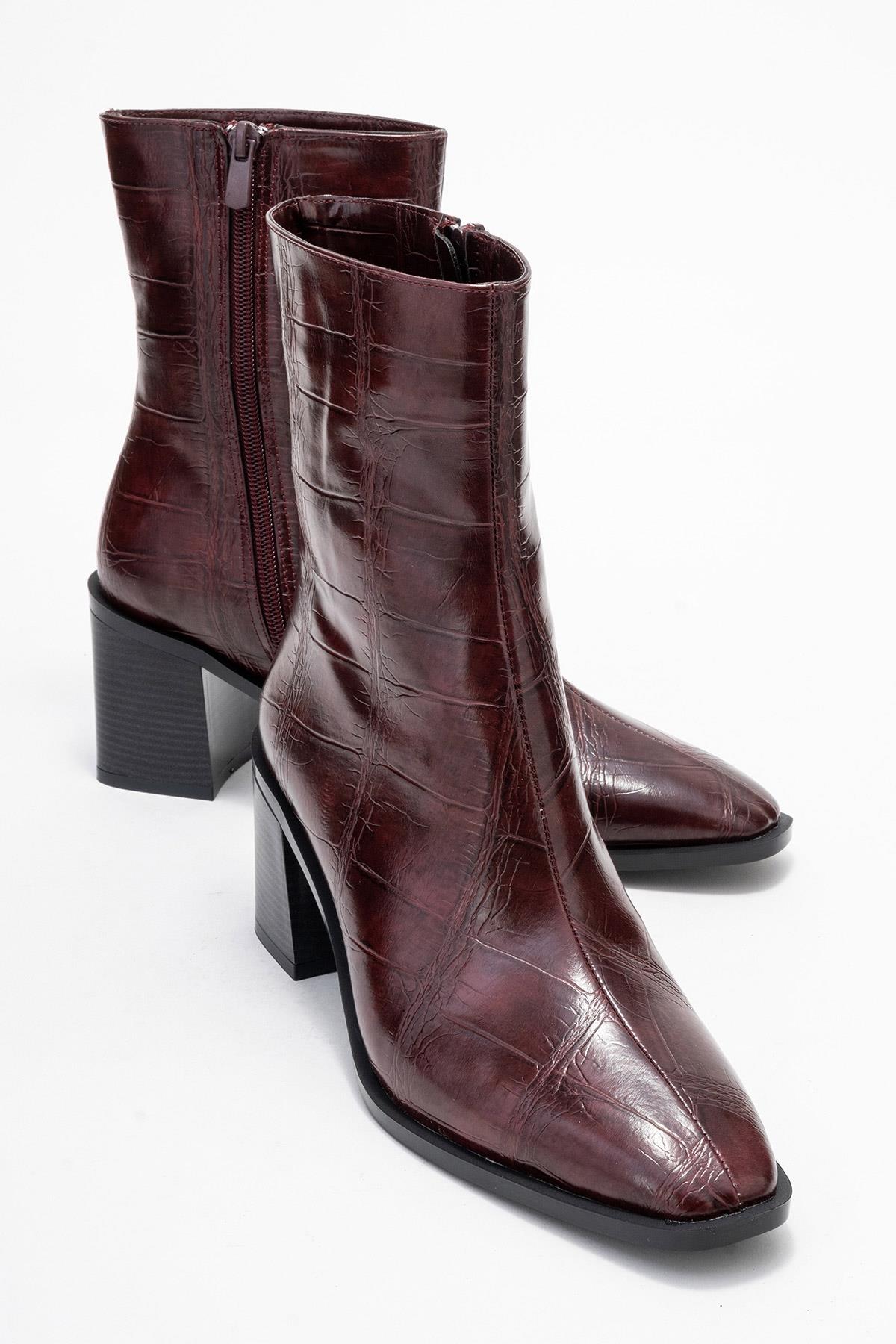 Chara - Burgundy Print Block Heel Ankle Boot (Women)