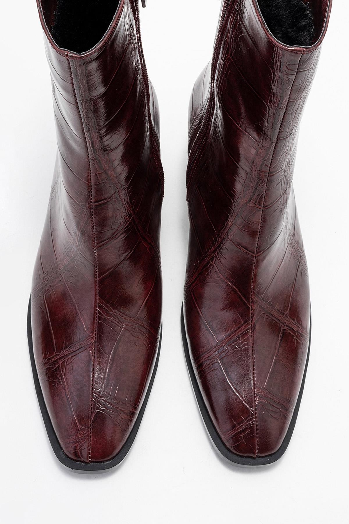 Chara - Burgundy Print Block Heel Ankle Boot (Women)