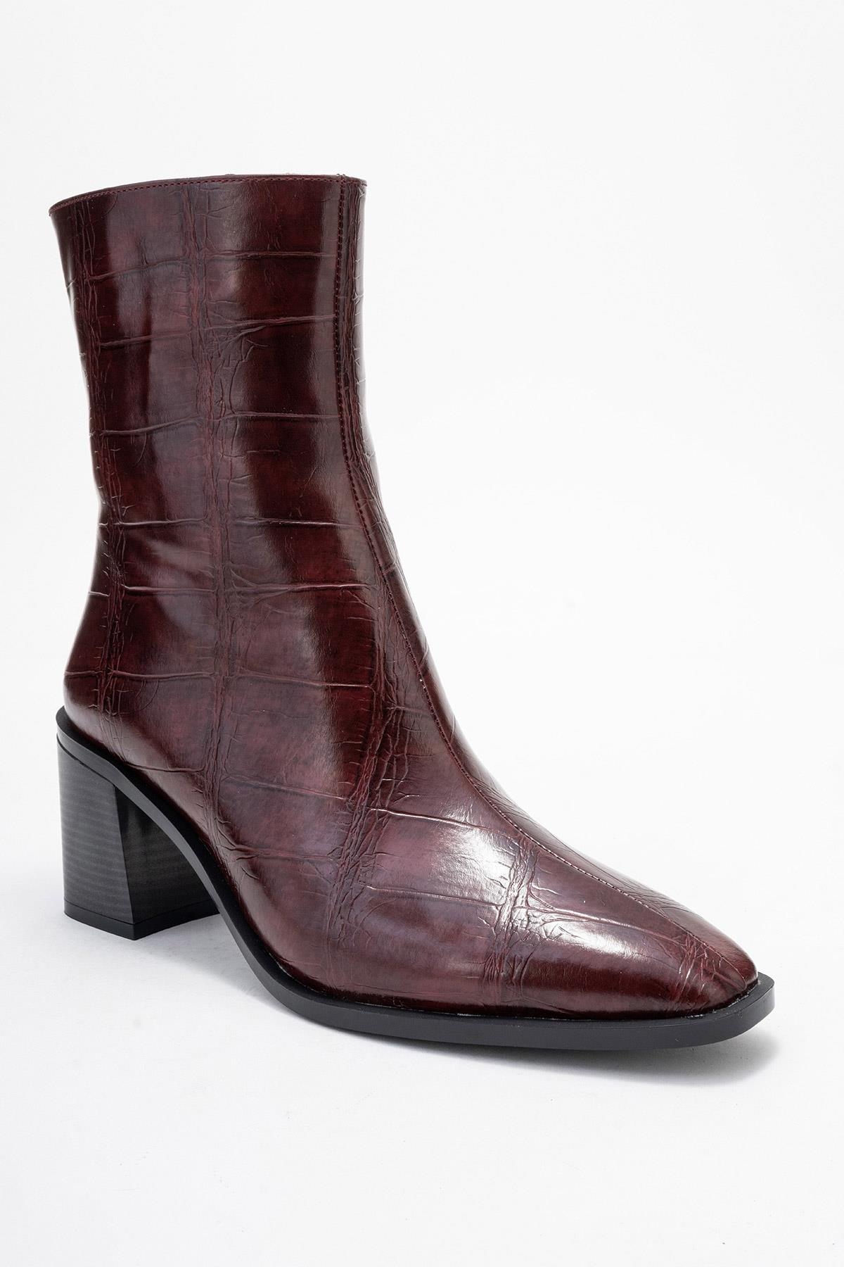 Chara - Burgundy Print Block Heel Ankle Boot (Women)