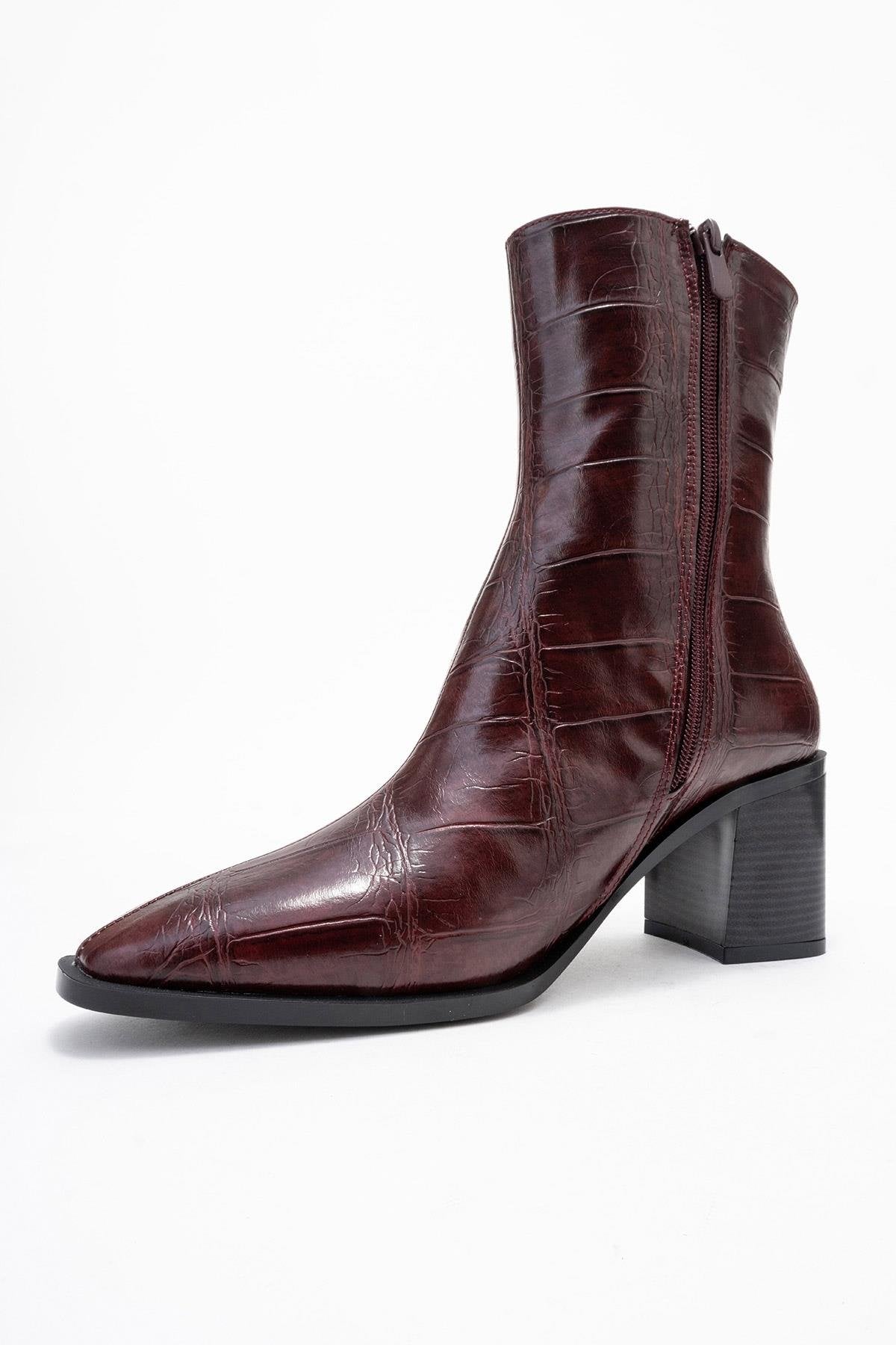 Chara - Burgundy Print Block Heel Ankle Boot (Women)