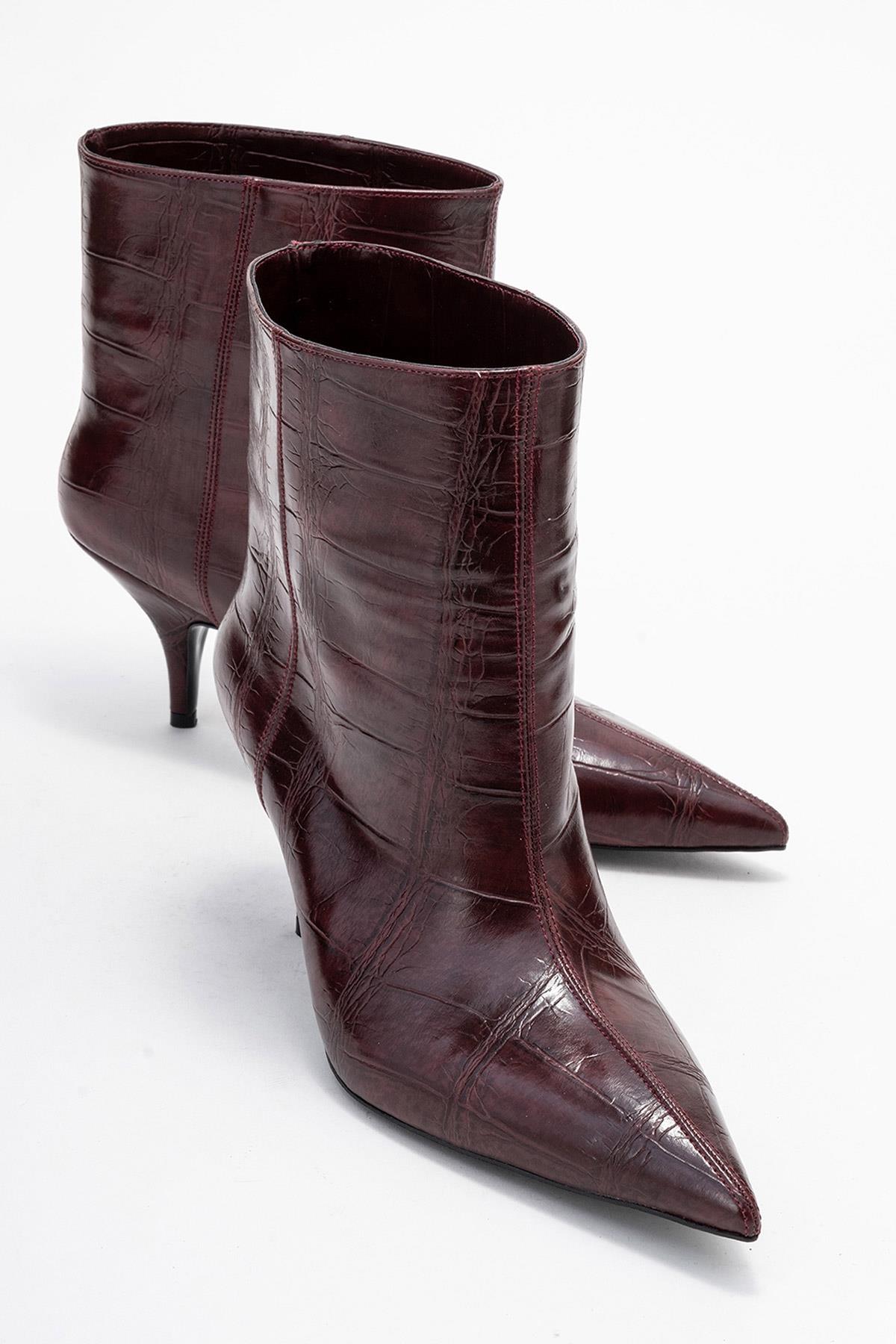 Brivelle - Burgundy Printed Pointed Toe Kitten Heel Boot (Women)