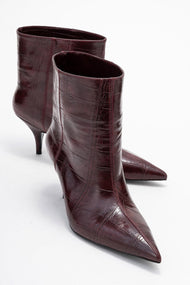Brivelle - Burgundy Printed Pointed Toe Kitten Heel Boot (Women)