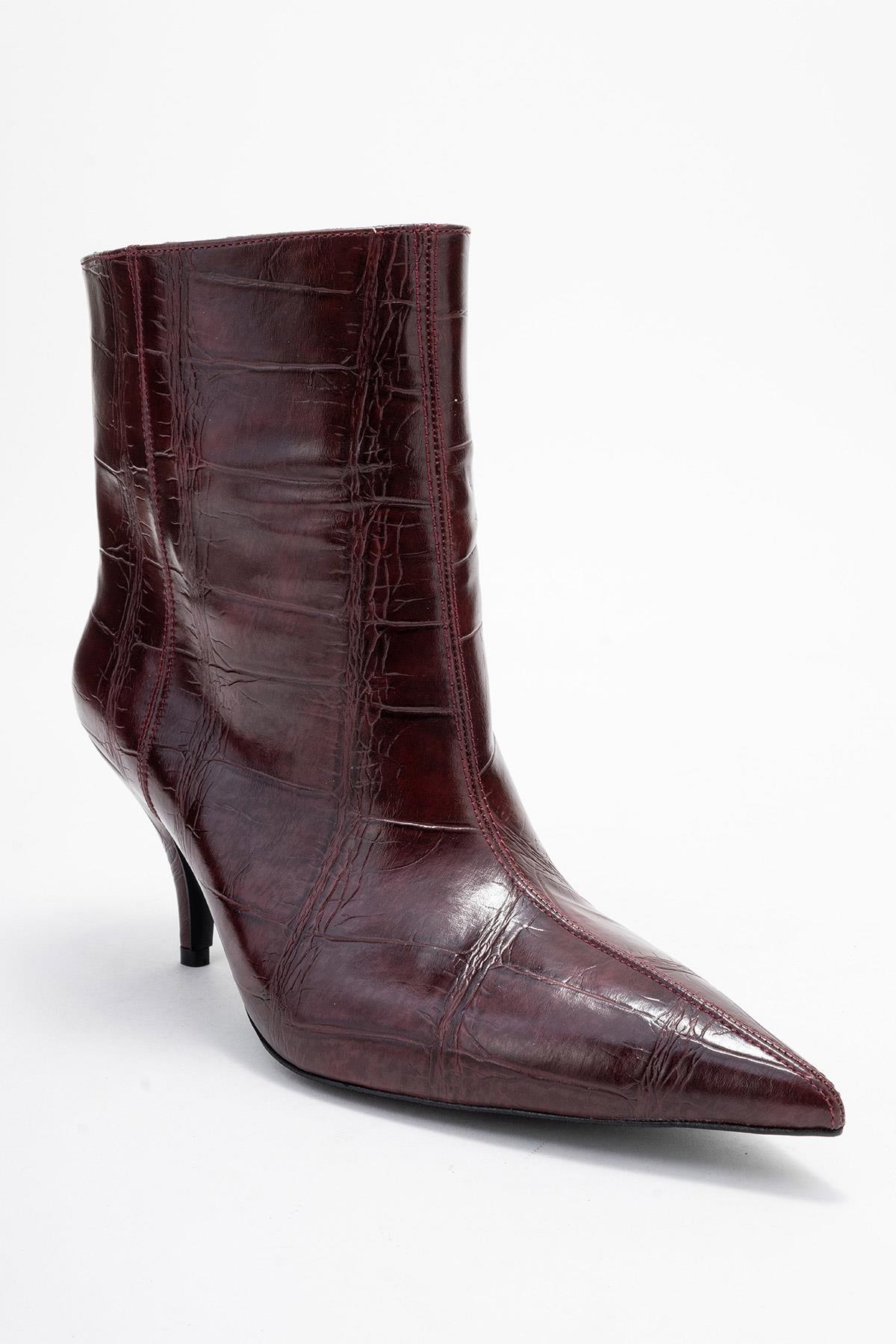 Brivelle - Burgundy Printed Pointed Toe Kitten Heel Boot (Women)