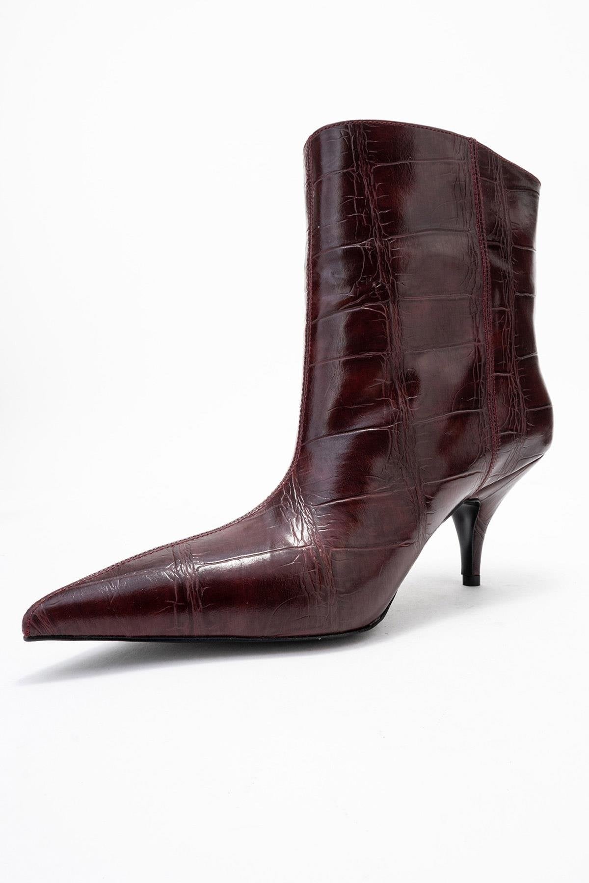 Brivelle - Burgundy Printed Pointed Toe Kitten Heel Boot (Women)