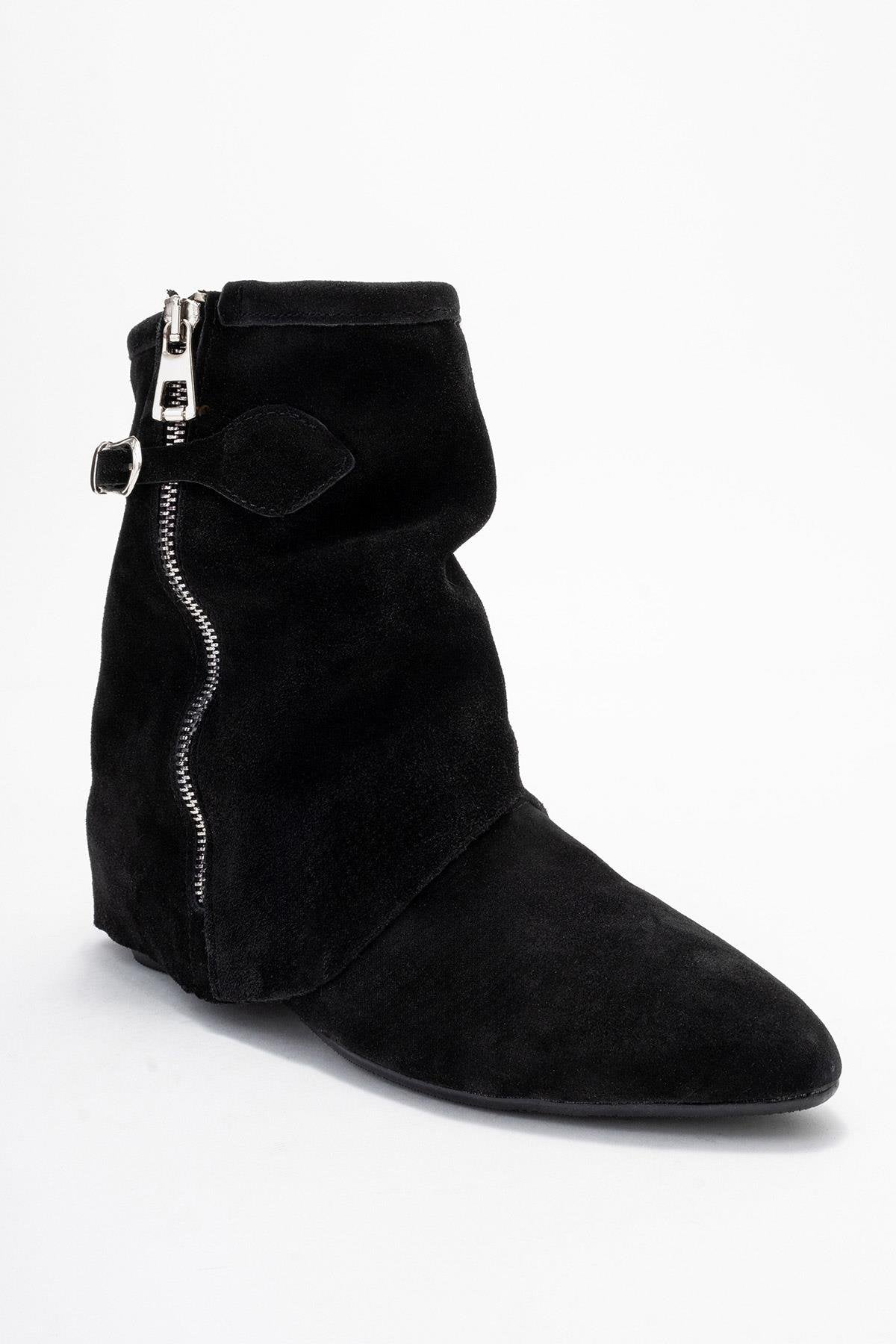 Noar - Black Genuine Leather Ruched Zip Boot (Women)