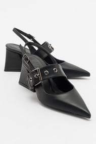 Nepido - Black Pointed Toe Open Back Chunky Heel Shoe (Women)