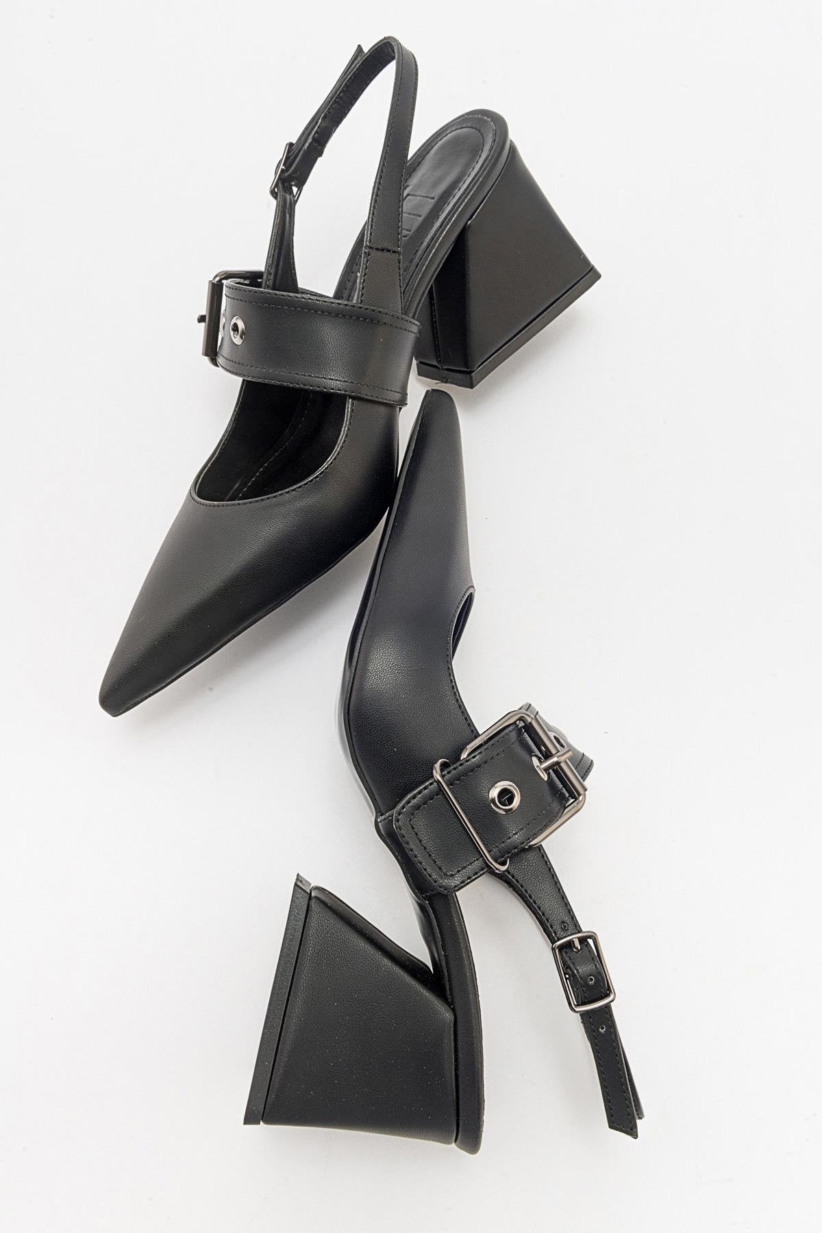 Nepido - Black Pointed Toe Open Back Chunky Heel Shoe (Women)