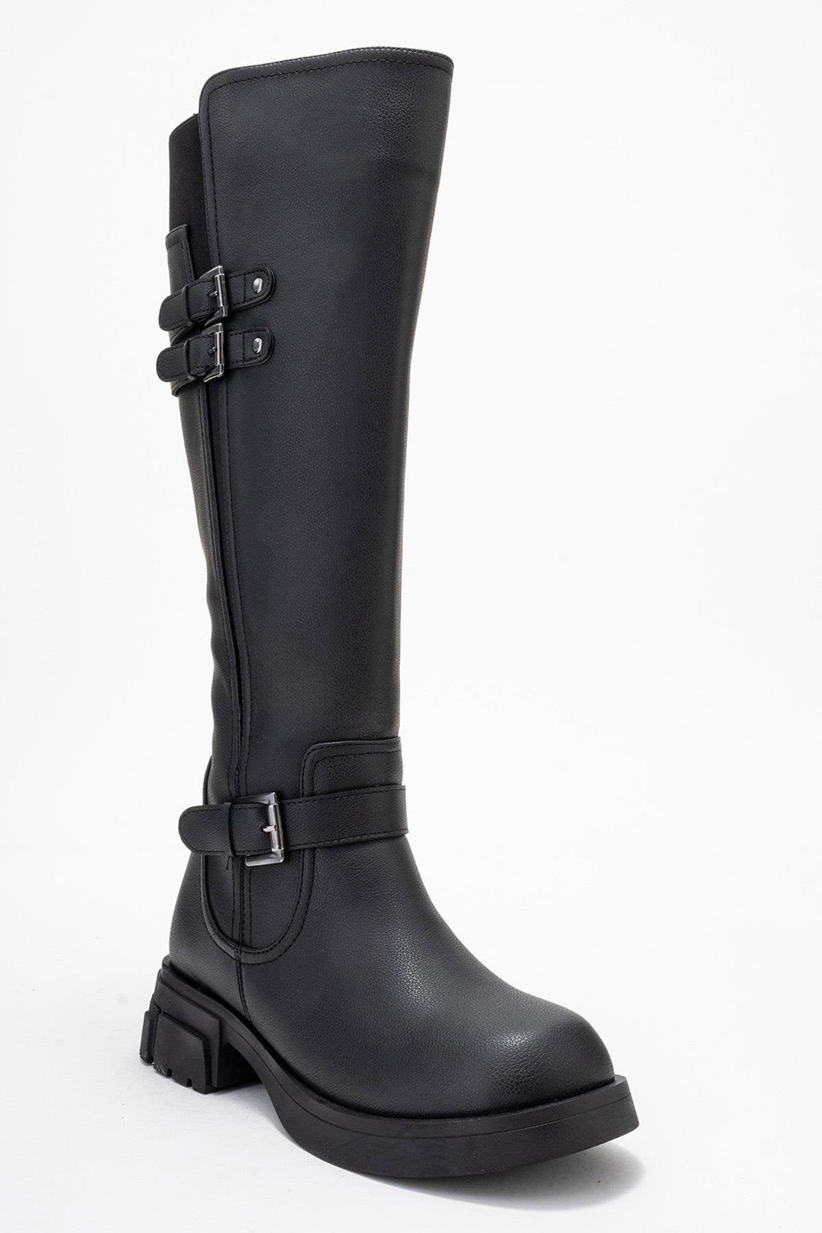 Sia - Black Stretch-Panel Flat Knee-High Boot (Women)