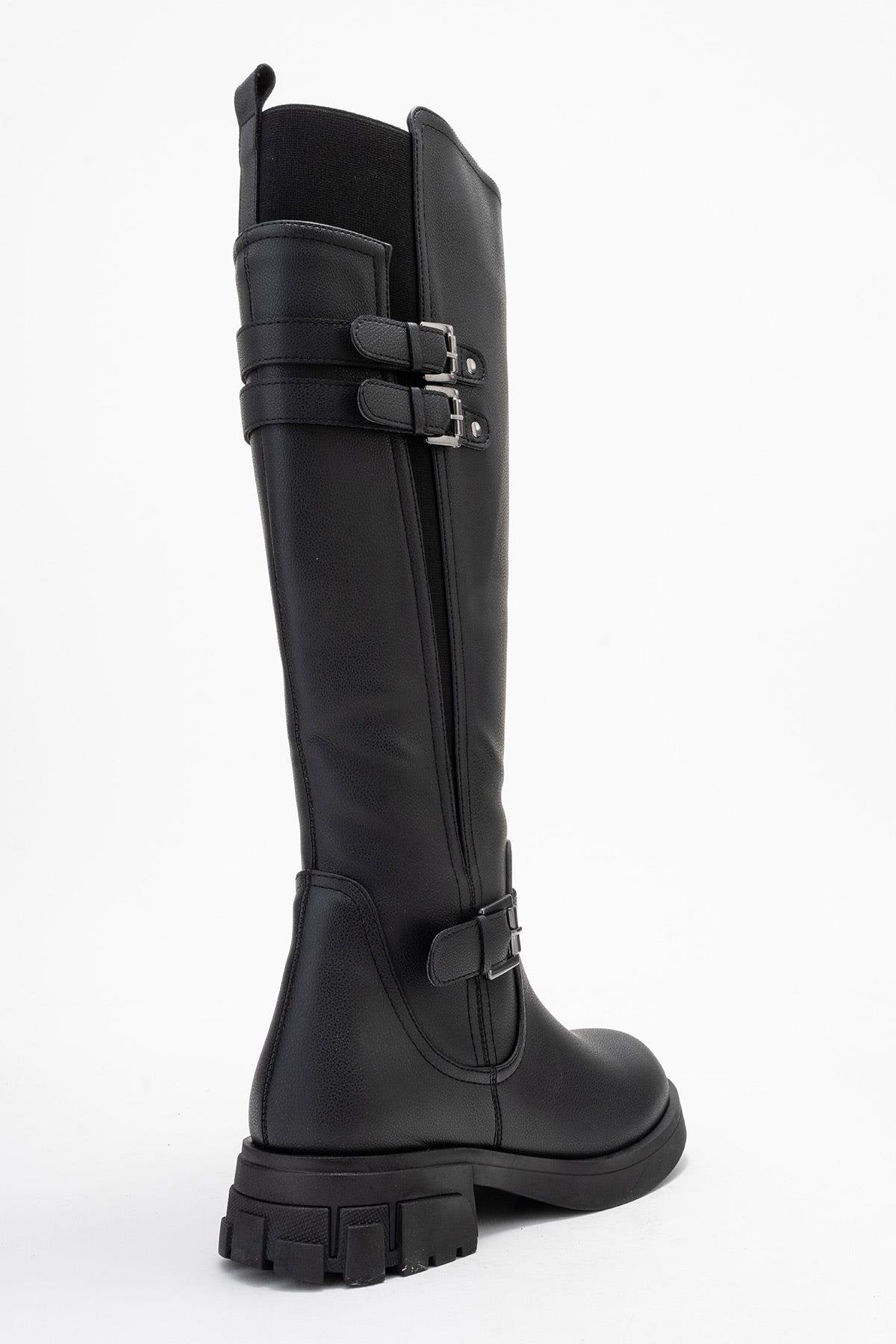 Sia - Black Stretch-Panel Flat Knee-High Boot (Women)