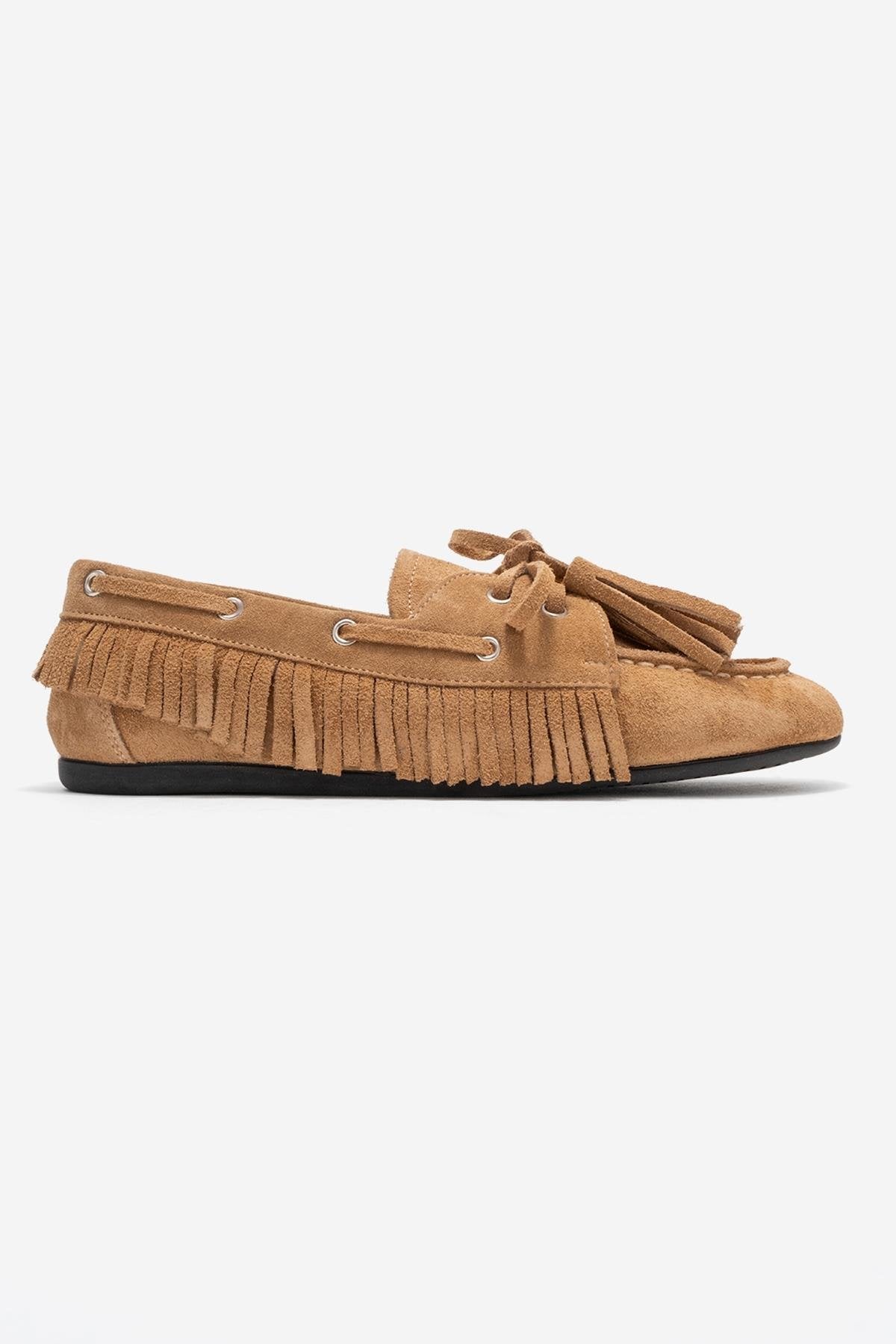 Fenora - Taupe Suede Genuine Leather Fringe Tassel Loafer (Women)