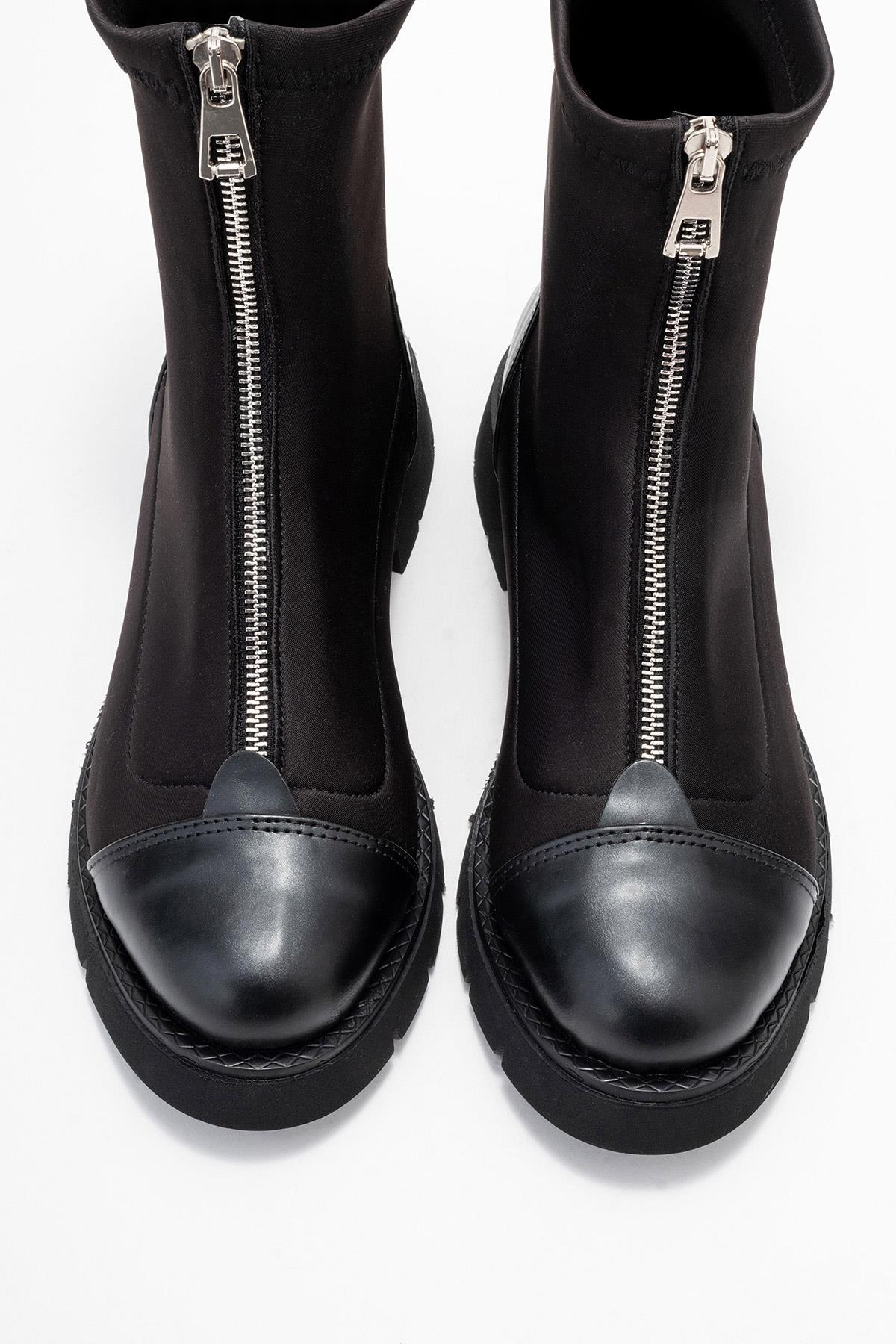 Martos - Black Stretch Front-Zip Ankle Boot (Women)