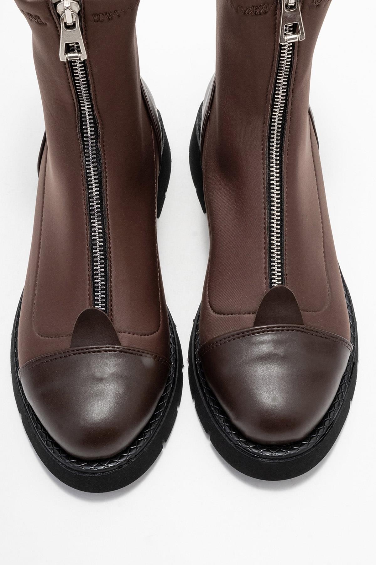 Martos - Brown Stretch Front-Zip Ankle Boot (Women)