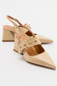 Nepido - Beige Woven Pointed Toe Open Back Chunky Heel Shoe (Women)