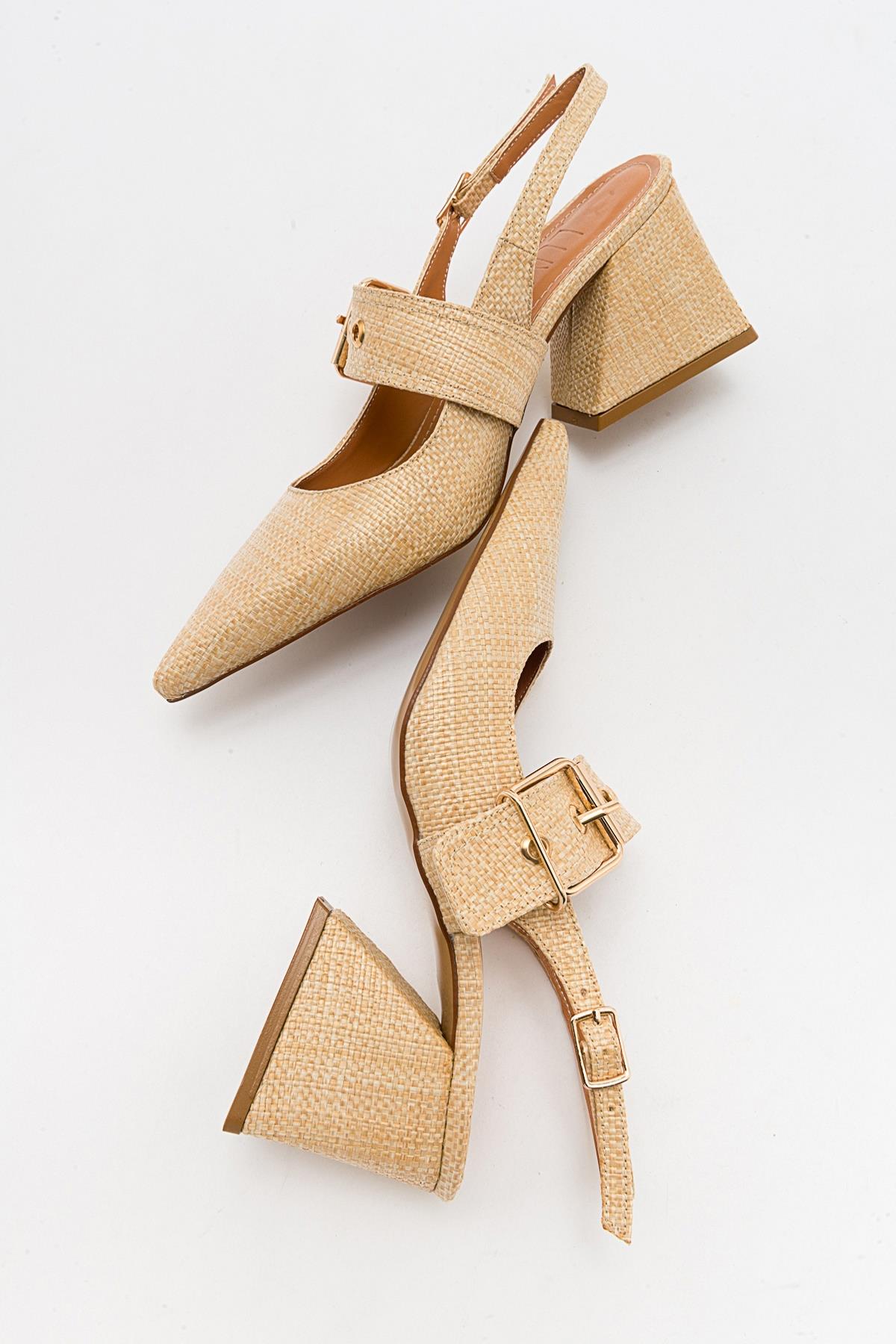 Nepido - Beige Woven Pointed Toe Open Back Chunky Heel Shoe (Women)