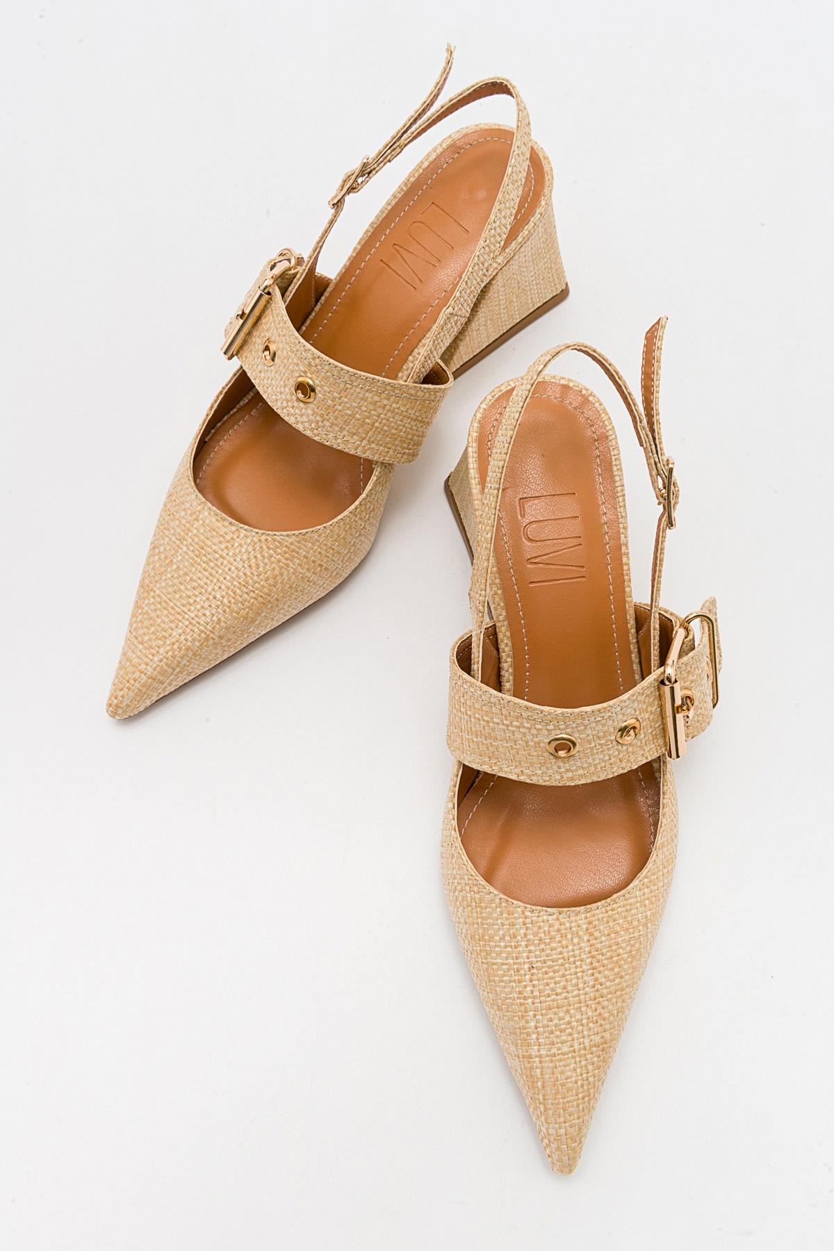 Nepido - Beige Woven Pointed Toe Open Back Chunky Heel Shoe (Women)