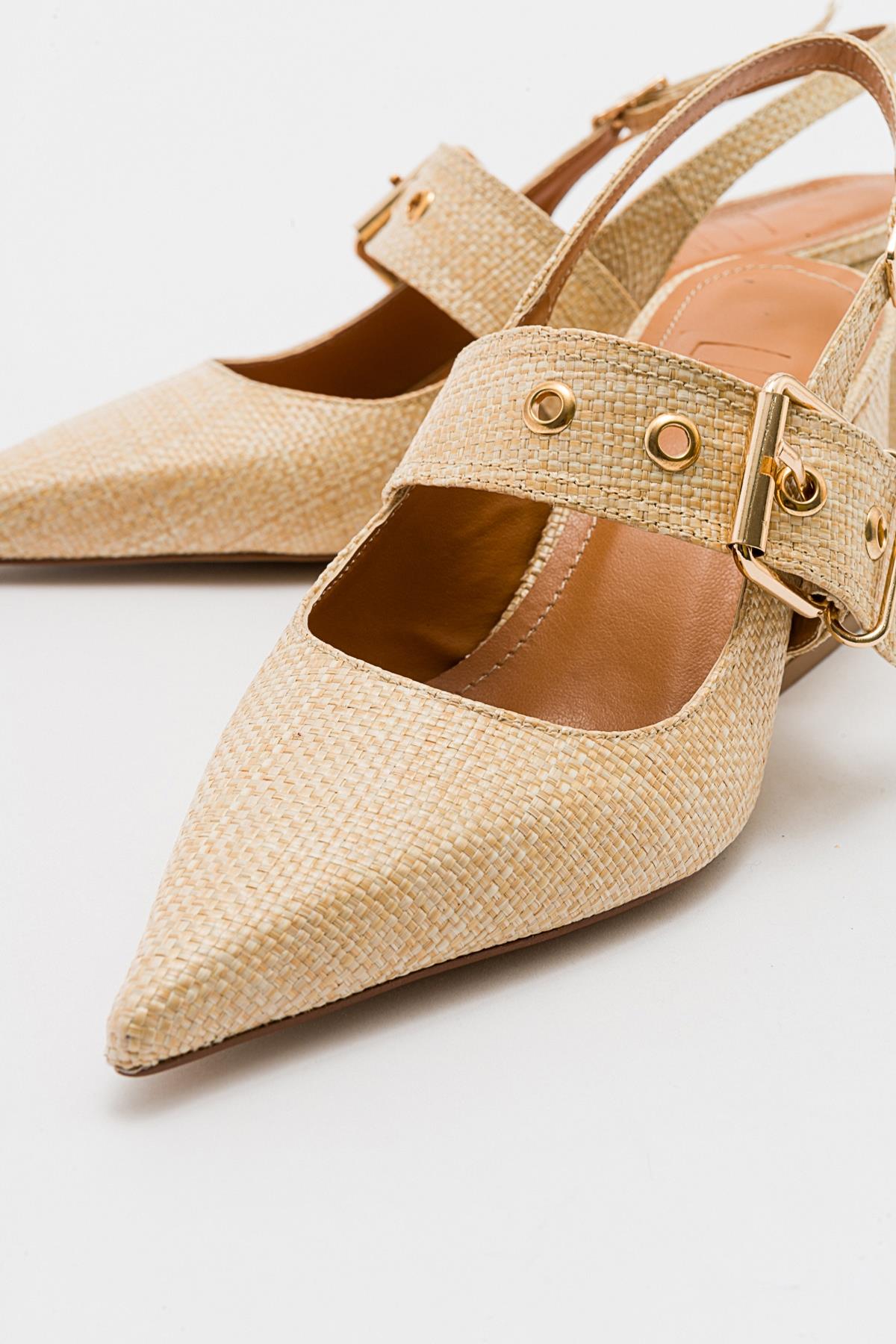 Nepido - Beige Woven Pointed Toe Open Back Chunky Heel Shoe (Women)