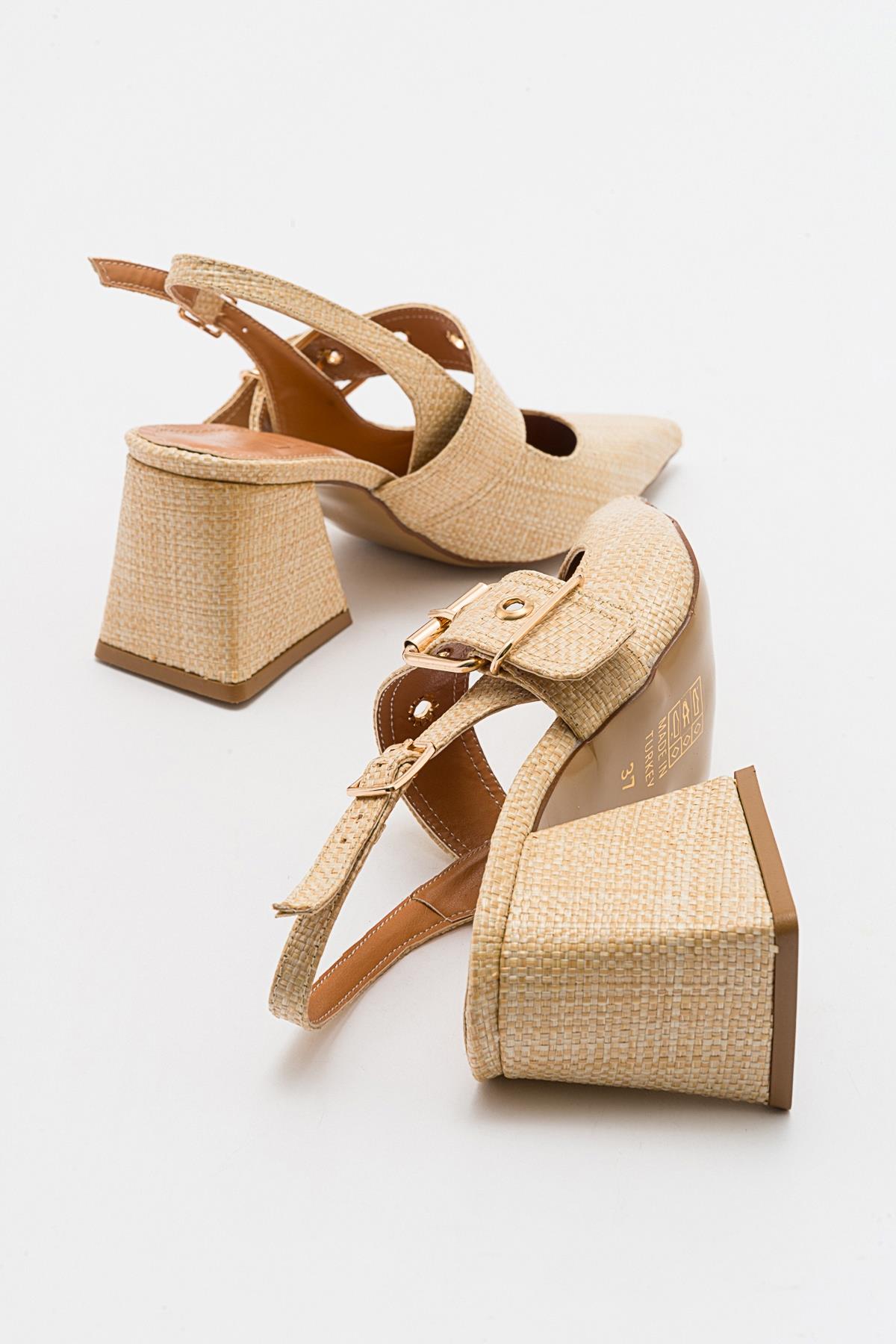 Nepido - Beige Woven Pointed Toe Open Back Chunky Heel Shoe (Women)