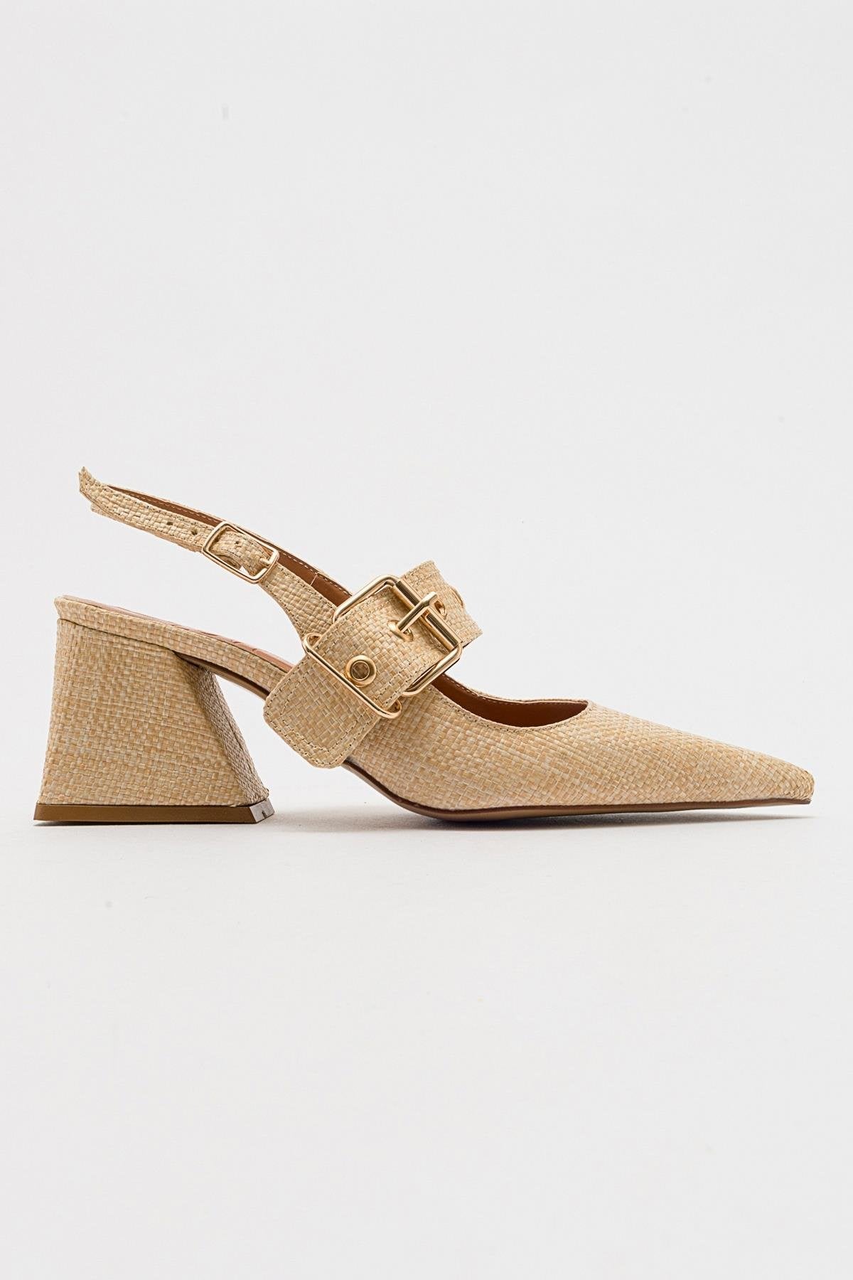 Nepido - Beige Woven Pointed Toe Open Back Chunky Heel Shoe (Women)