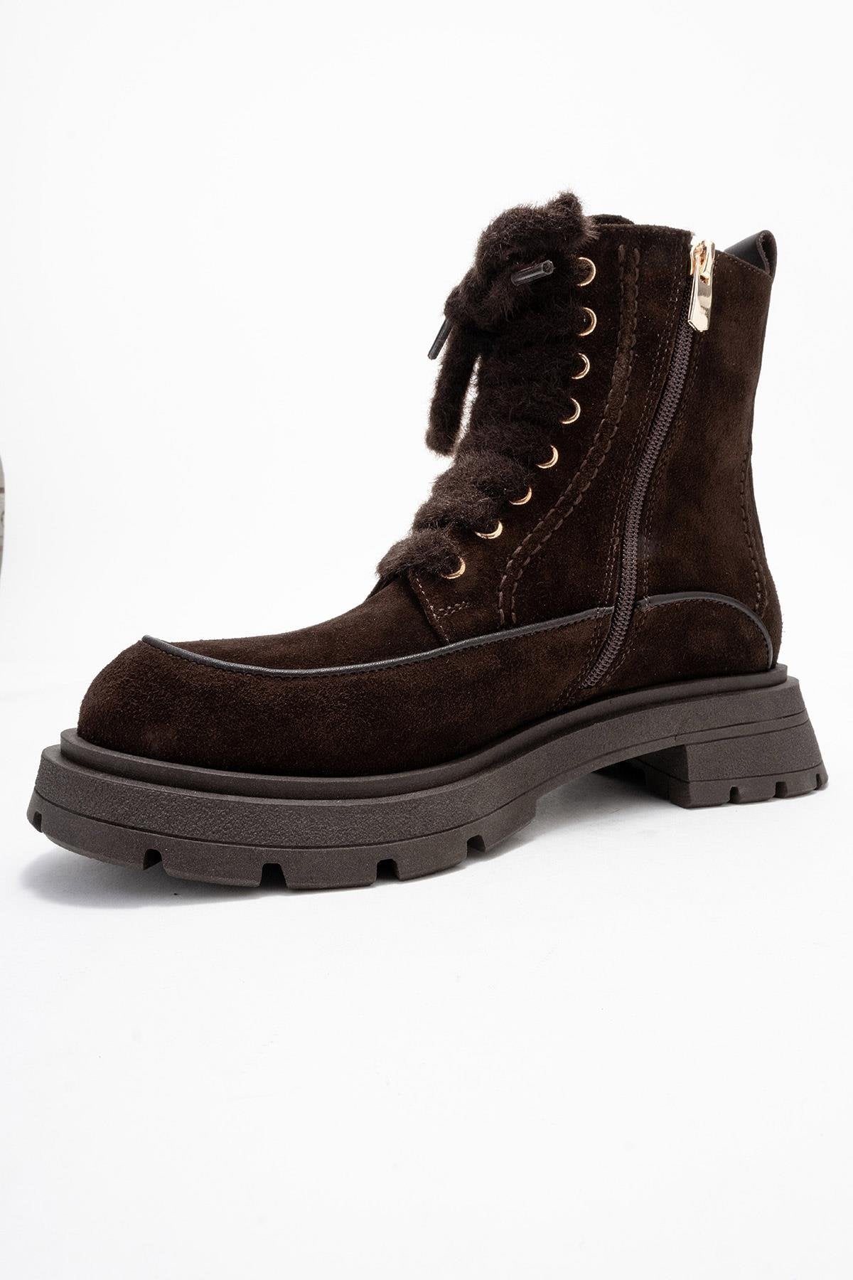 Mina - Brown Genuine Leather Combat Boot (Women)