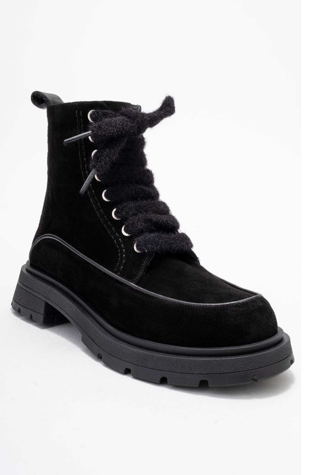 Mina - Black Genuine Leather Combat Boot (Women)