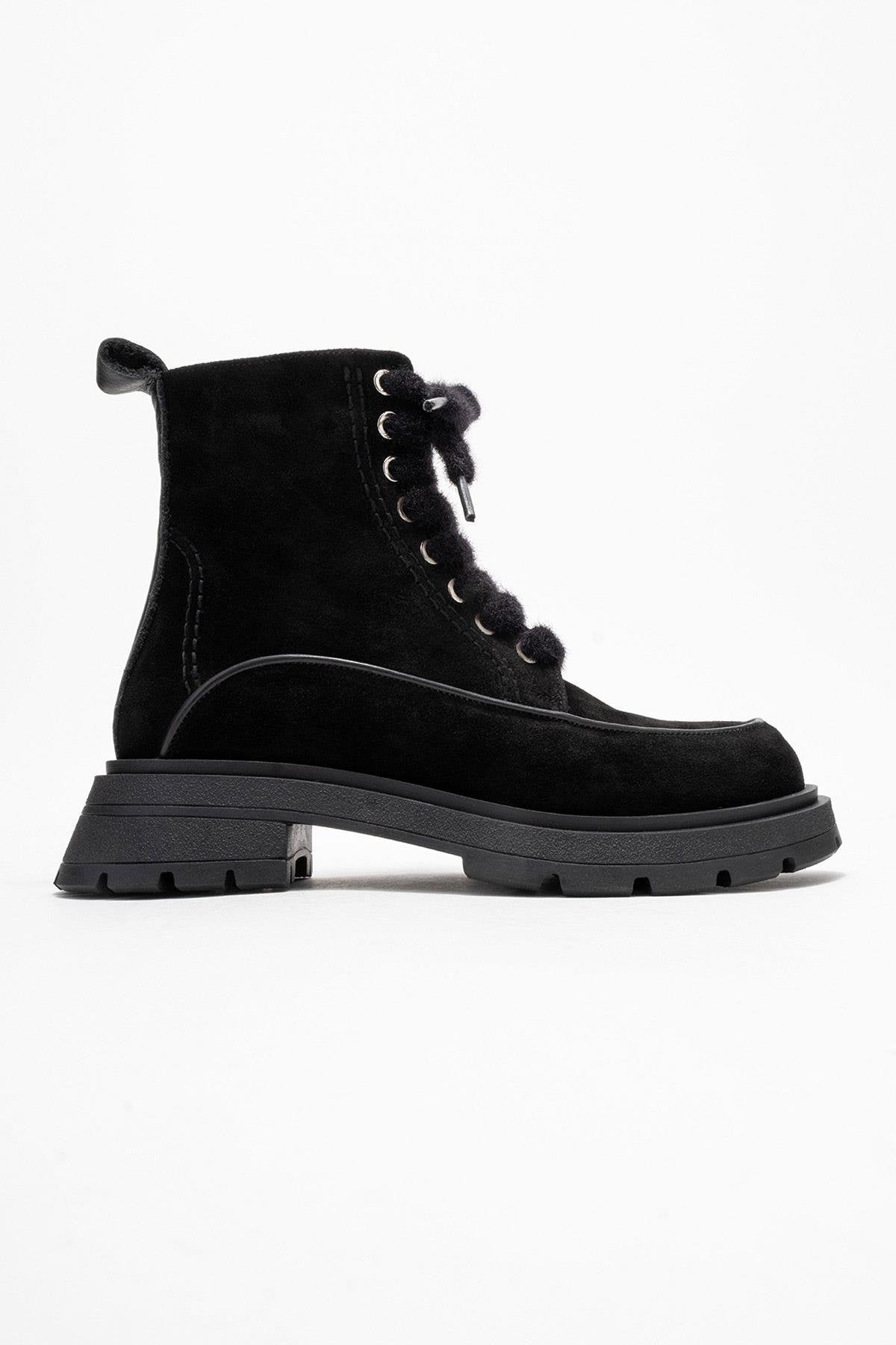 Mina - Black Genuine Leather Combat Boot (Women)