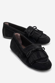 Axeli - Black Suede Genuine Leather Bow Tassel Loafer (Women)