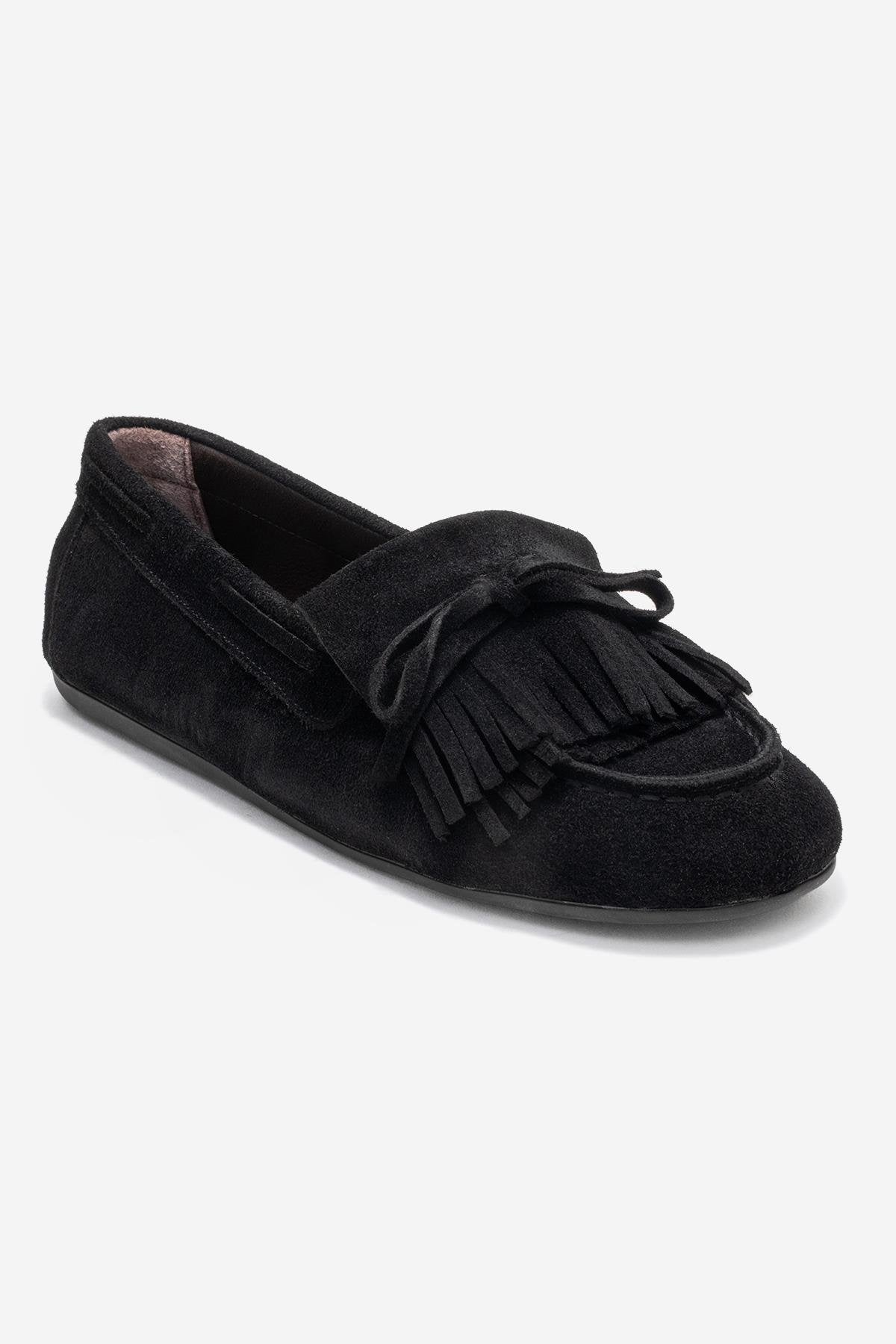 Axeli - Black Suede Genuine Leather Bow Tassel Loafer (Women)